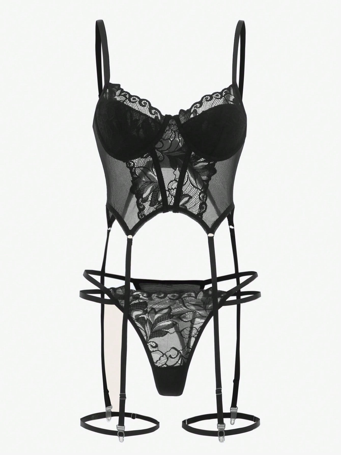 Four-piece floral lace lingerie set featuring cut-out underwire corset tops with garter details and matching low-rise thong bottoms.