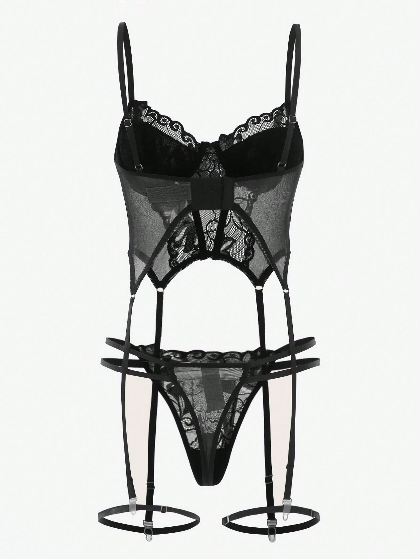 Four-piece floral lace lingerie set featuring cut-out underwire corset tops with garter details and matching low-rise thong bottoms.