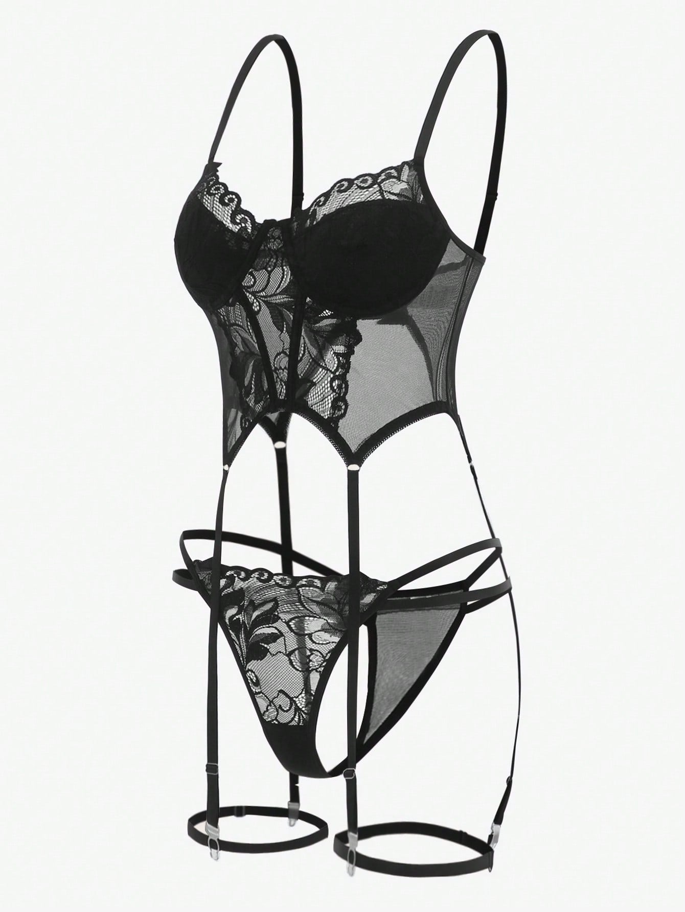 Four-piece solid color lingerie set with lace patchwork and cutout details, featuring a sheer longline bra with adjustable spaghetti straps and matching low-rise thong-style pieces.
