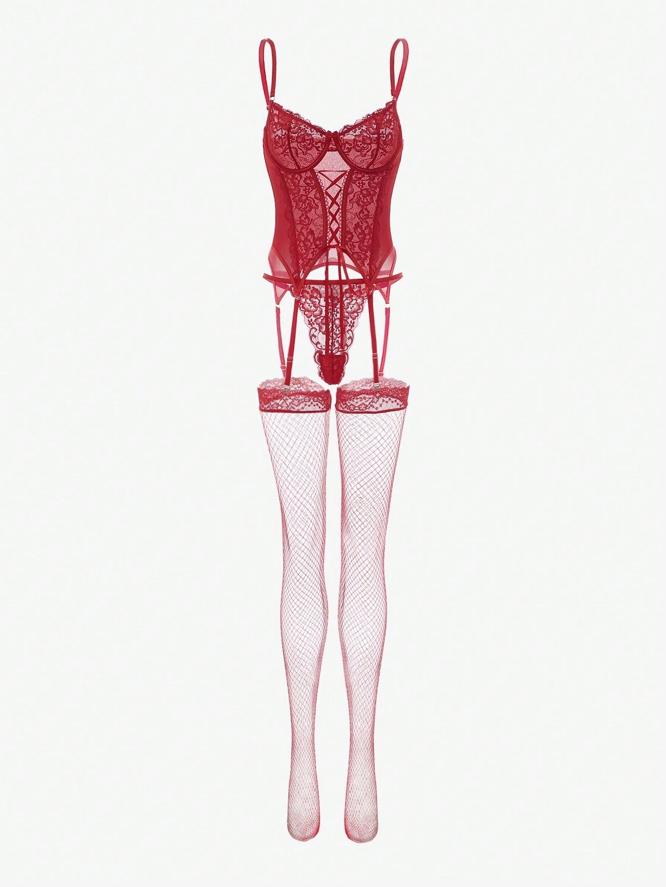 Four-piece lingerie set featuring an underwire corset with lace-up front, contrast mesh and lace detailing, adjustable spaghetti straps, and matching thong-style bottoms with garter accents.