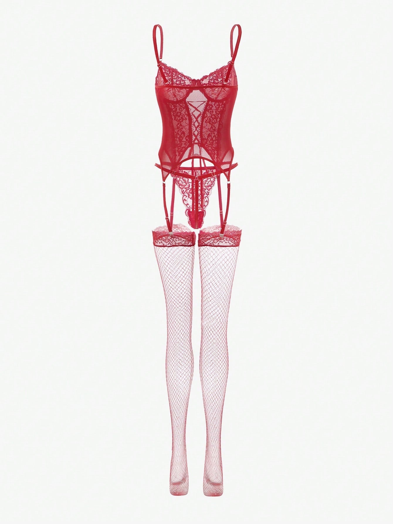 Four-piece lingerie set featuring an underwire corset with lace-up front, contrast mesh and lace detailing, adjustable spaghetti straps, and matching thong-style bottoms with garter accents.