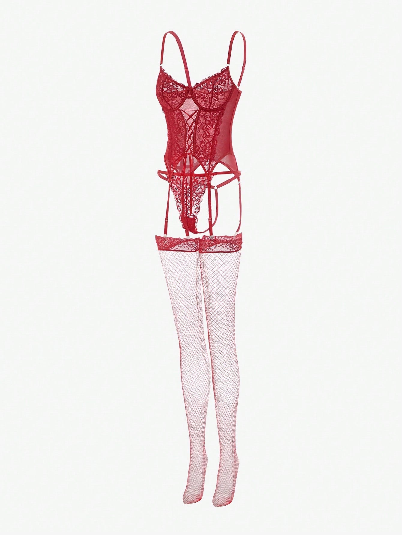 Four-piece lingerie set featuring an underwire corset with lace-up front, contrast mesh and lace detailing, adjustable spaghetti straps, and matching thong-style bottoms with garter accents.