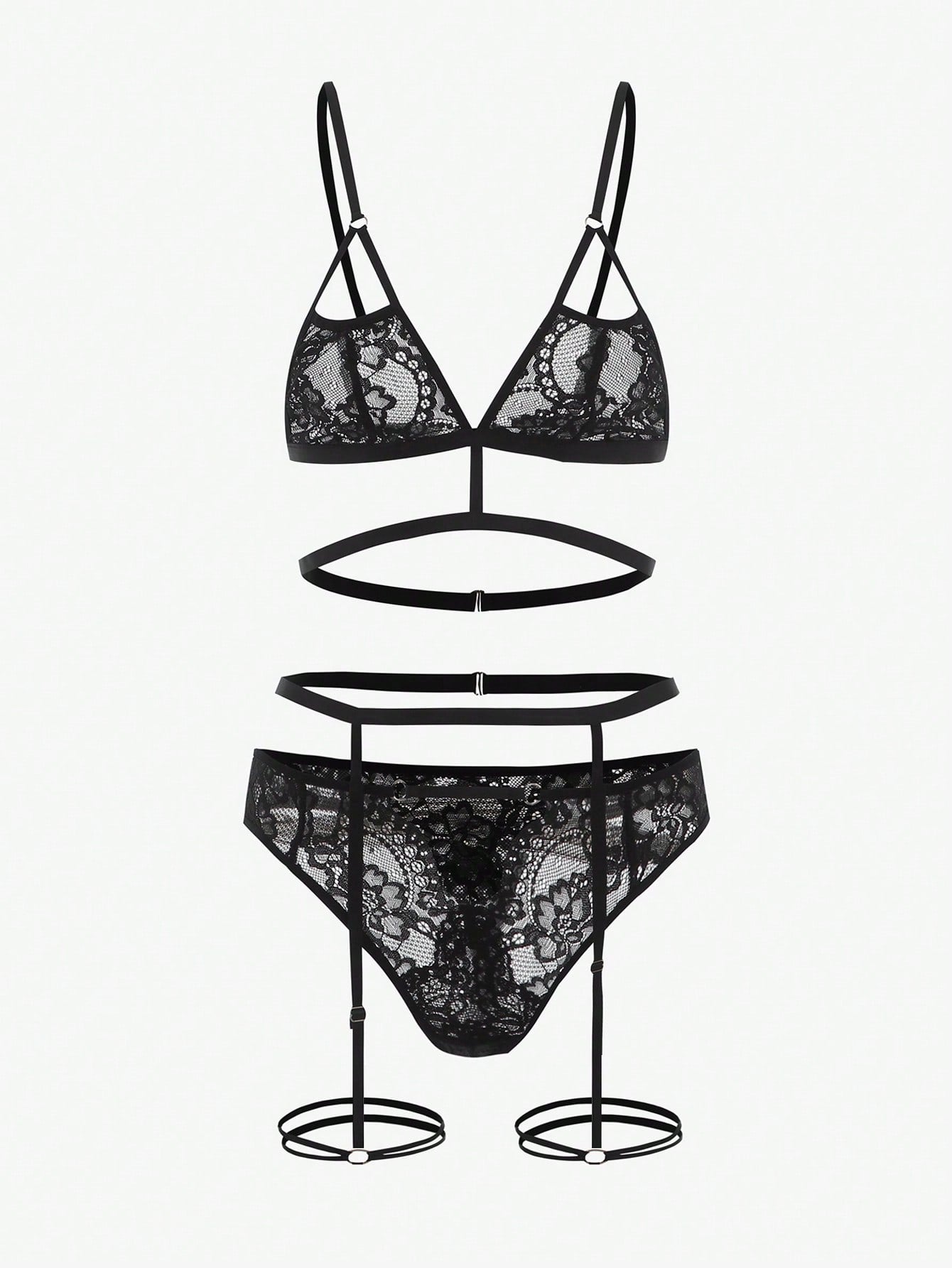 Black 3-piece lingerie set featuring a wireless triangle bra with adjustable spaghetti straps, matching thong, and garter belt in semi-sheer plain fabric with cut-out details.