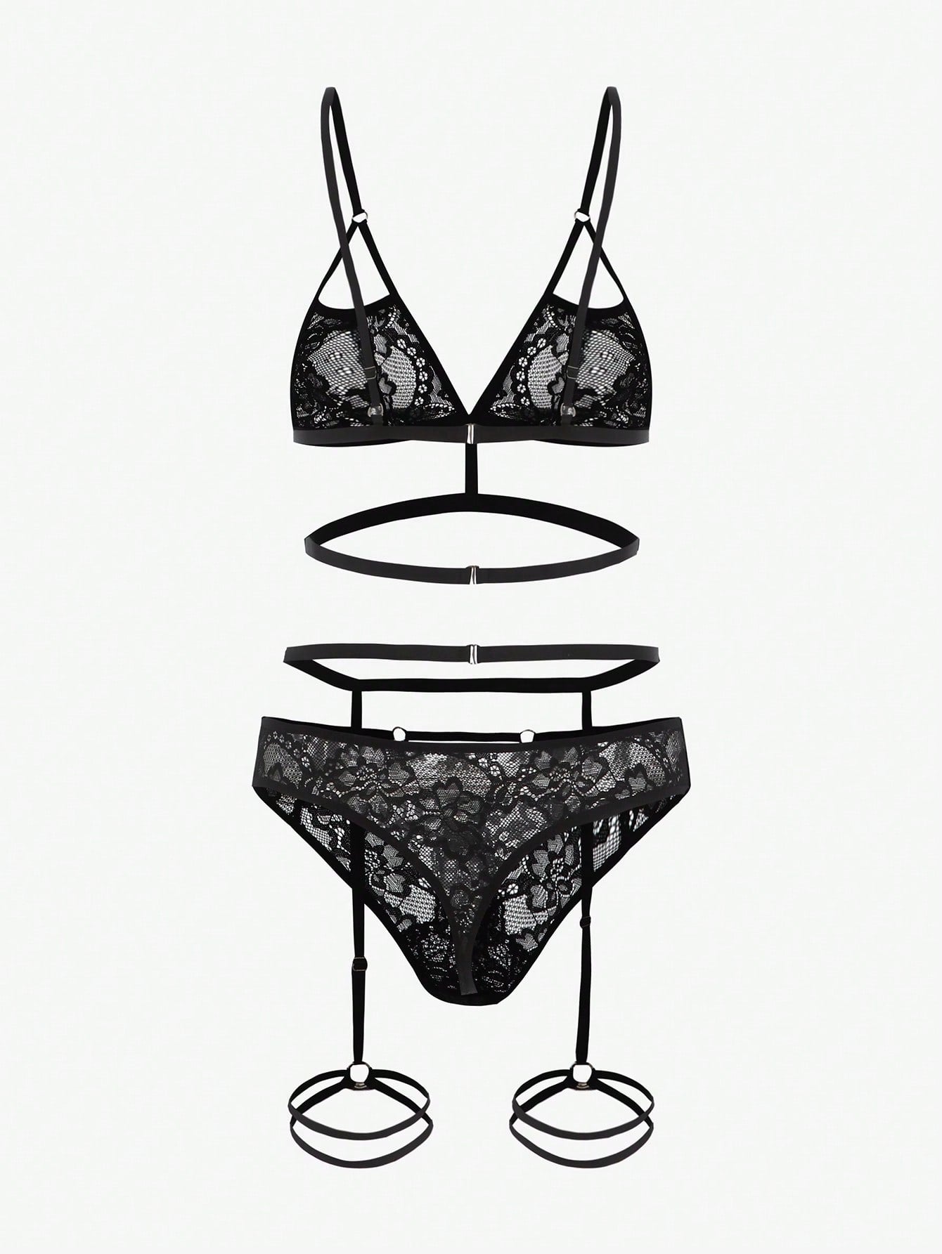 Black 3-piece lingerie set featuring a wireless triangle bra with adjustable spaghetti straps, matching thong, and garter belt in semi-sheer plain fabric with cut-out details.