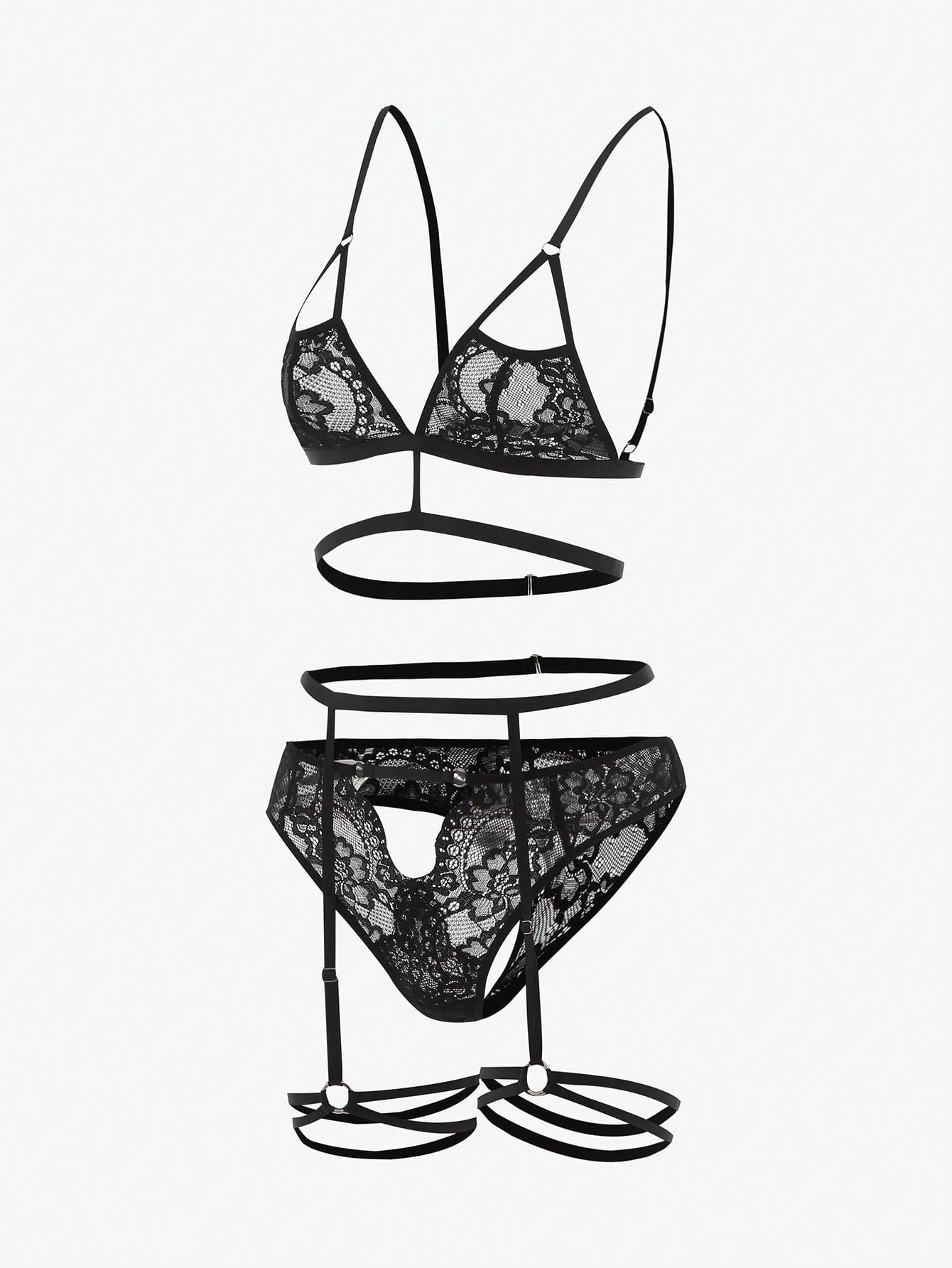 Black 3-piece lingerie set featuring a wireless triangle bra with adjustable spaghetti straps, matching thong, and garter belt in semi-sheer plain fabric with cut-out details.