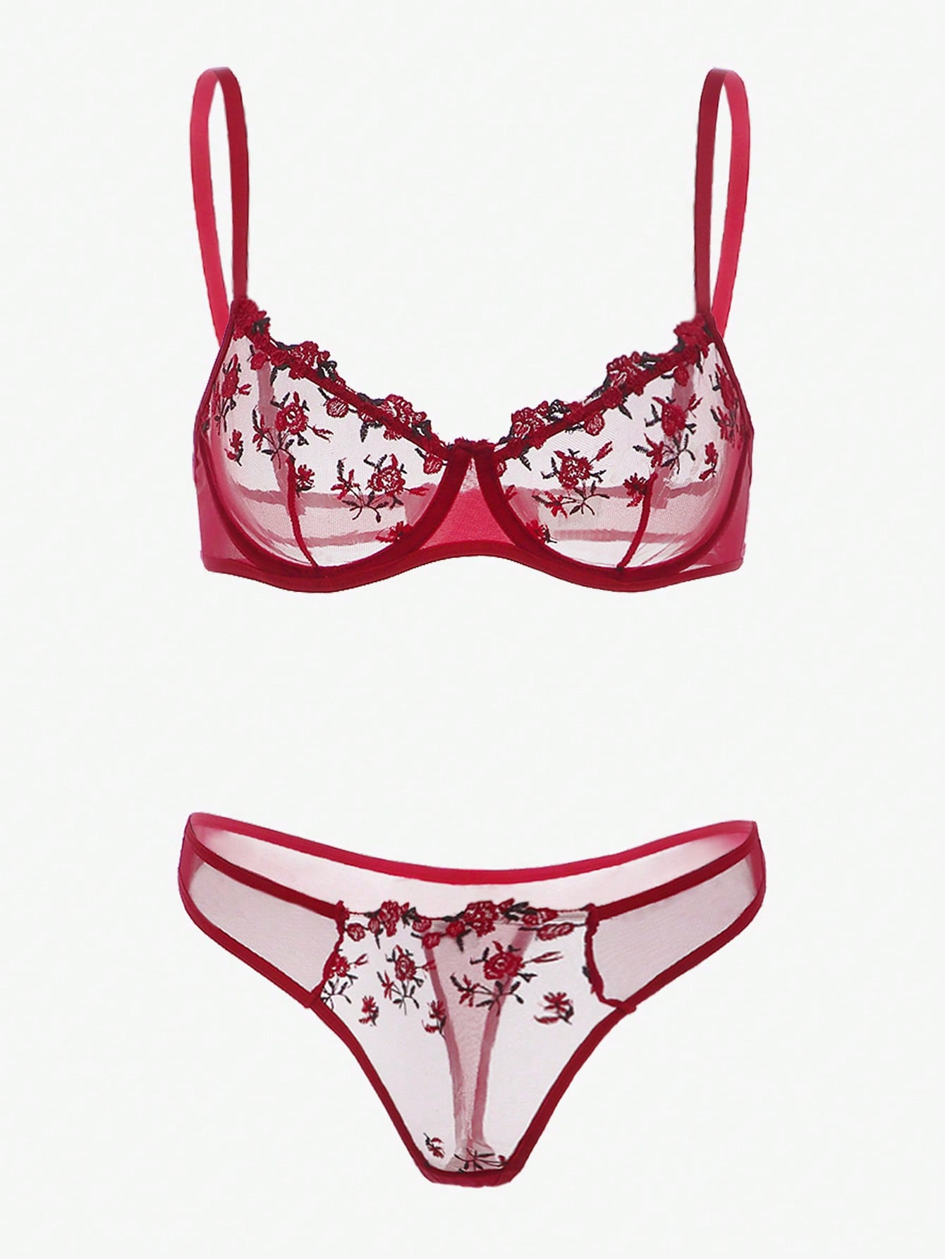 Two-piece women’s lingerie set with embroidered sheer mesh underwire balconette bra and matching mid-rise thong, featuring adjustable straps and slight stretch. Available in Black and Burgundy.