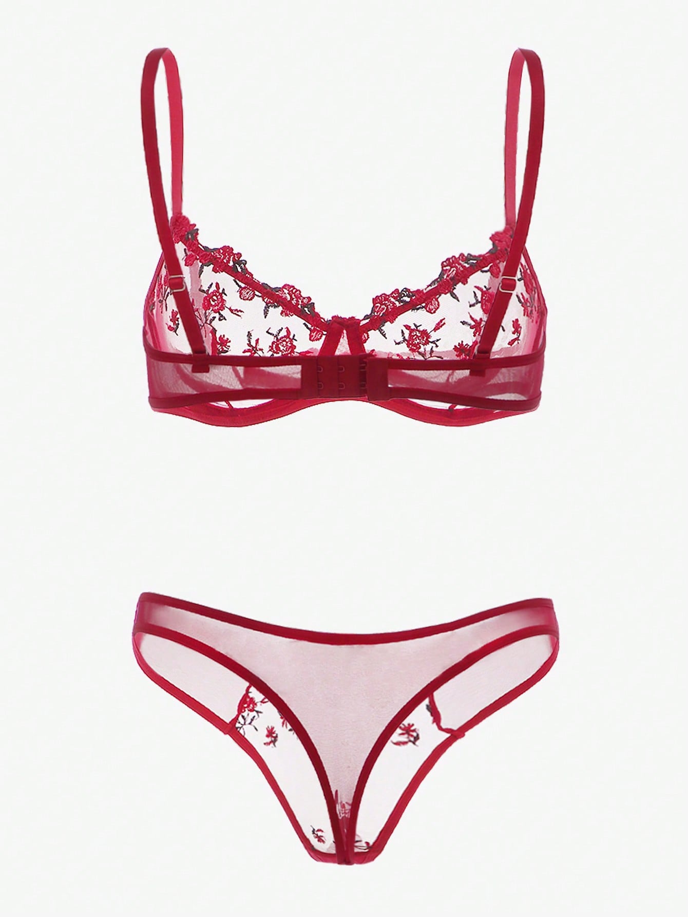 Two-piece women’s lingerie set with embroidered sheer mesh underwire balconette bra and matching mid-rise thong, featuring adjustable straps and slight stretch. Available in Black and Burgundy.