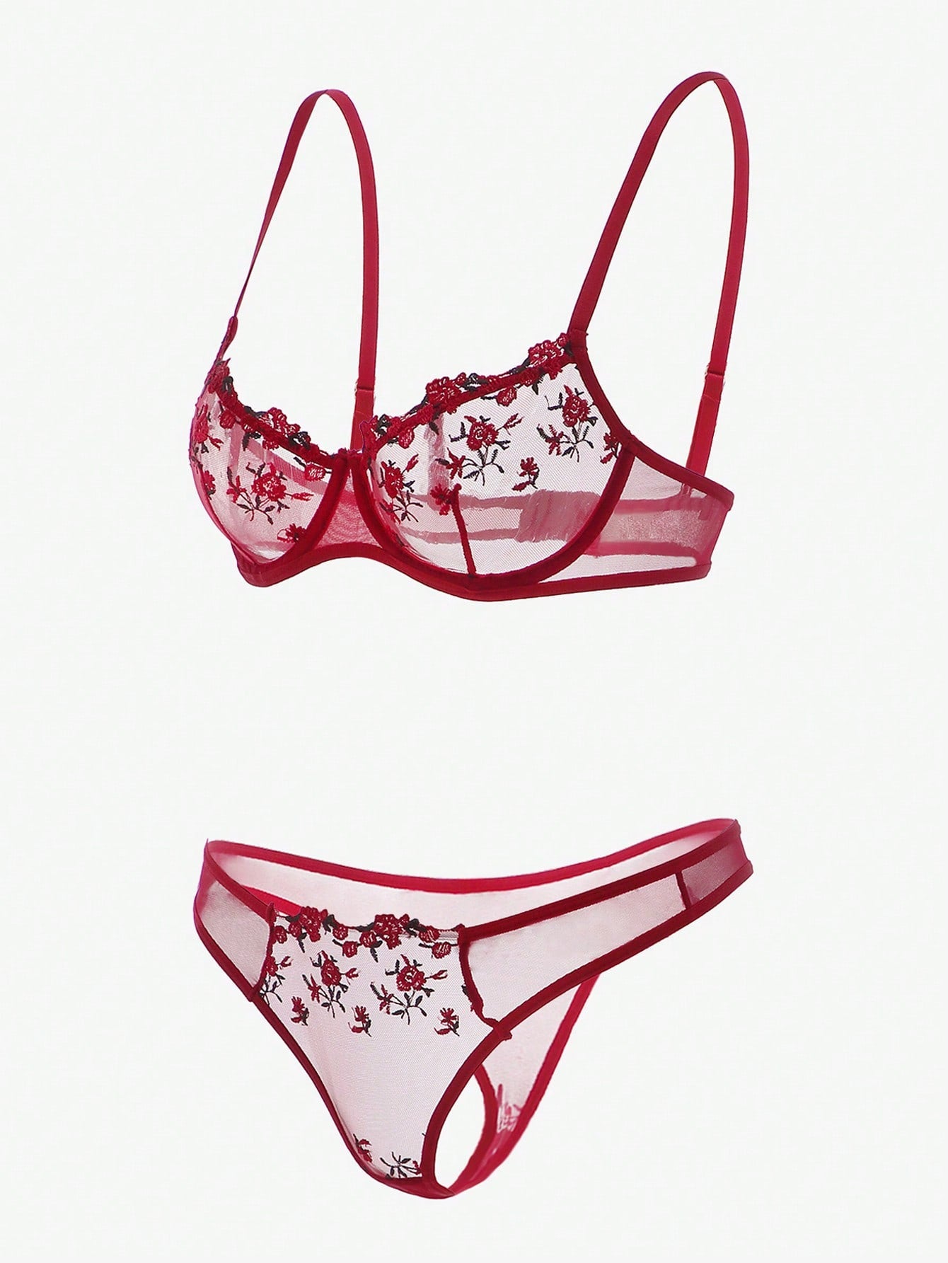 Two-piece women’s lingerie set with embroidered sheer mesh underwire balconette bra and matching mid-rise thong, featuring adjustable straps and slight stretch. Available in Black and Burgundy.