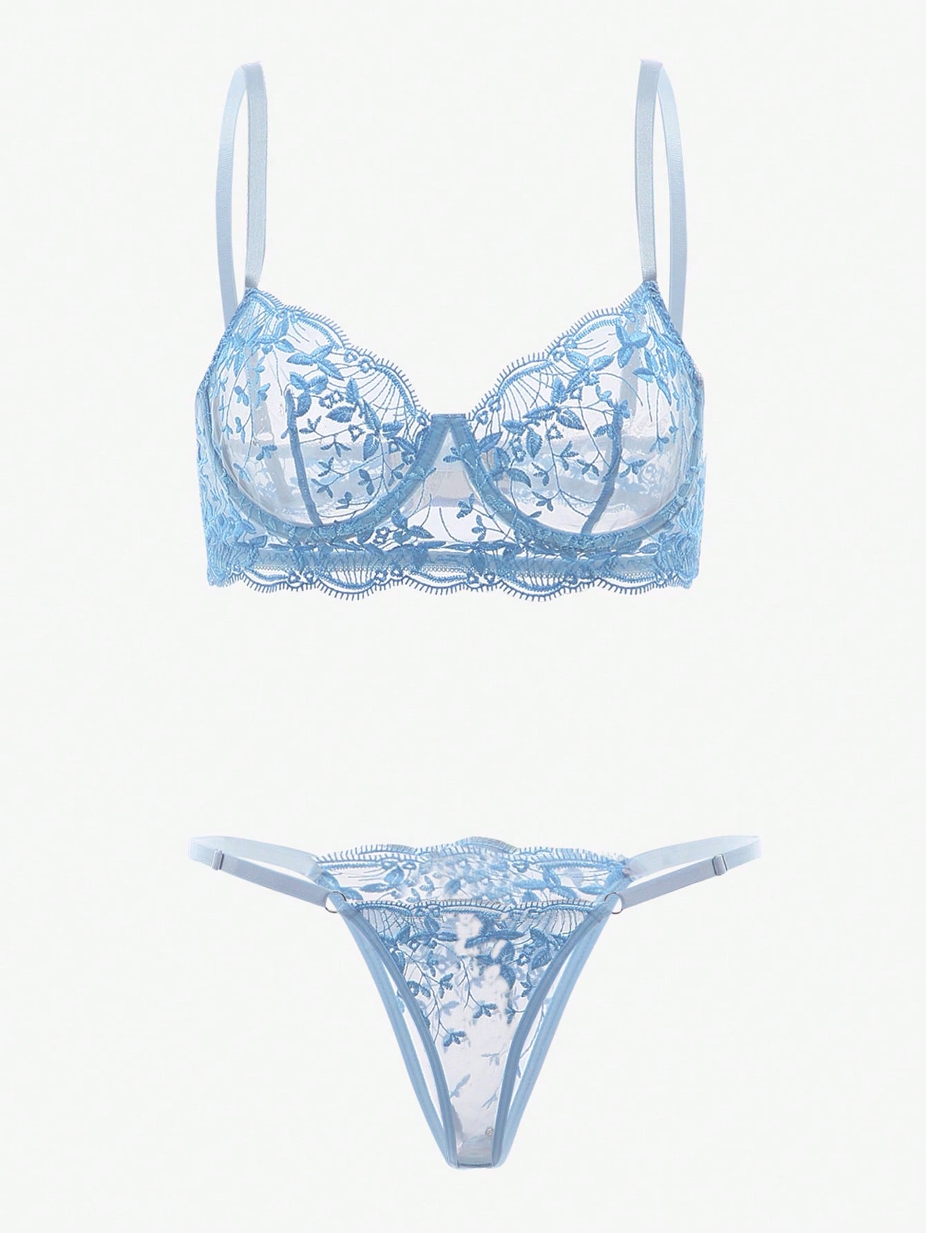 Embroidered sheer mesh demi bra and low-rise thong lingerie set with plant pattern and adjustable spaghetti straps