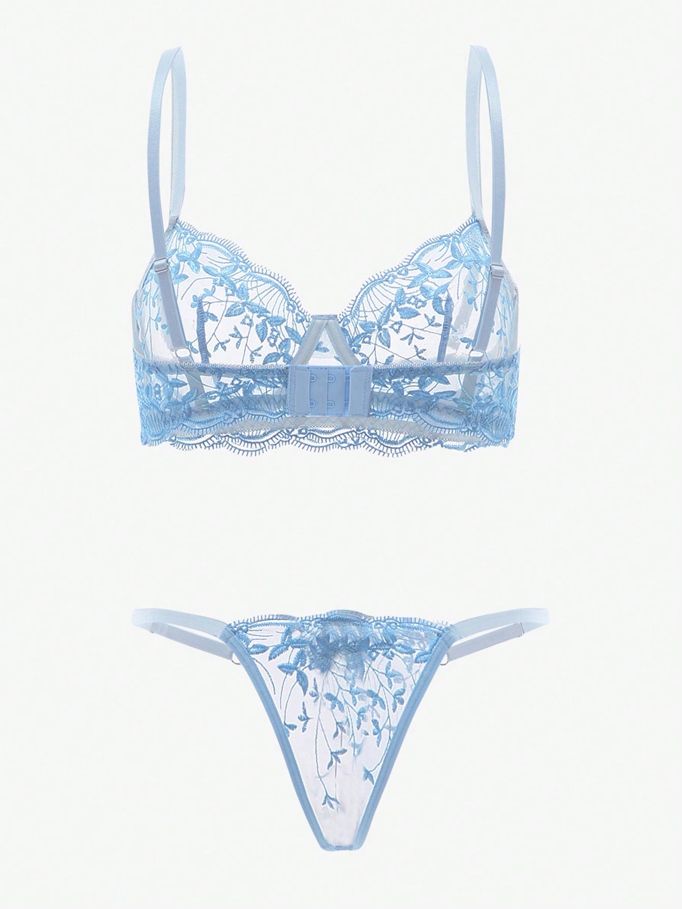 Embroidered sheer mesh demi bra and low-rise thong lingerie set with plant pattern and adjustable spaghetti straps