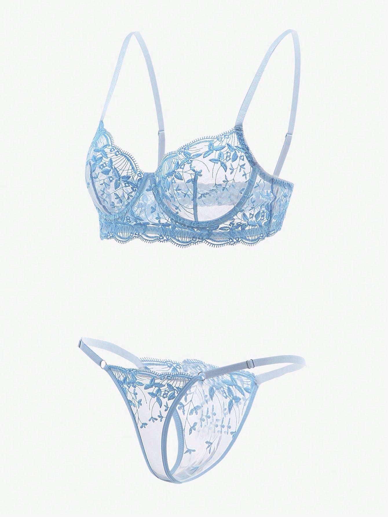 Embroidered sheer mesh demi bra and low-rise thong lingerie set with plant pattern and adjustable spaghetti straps