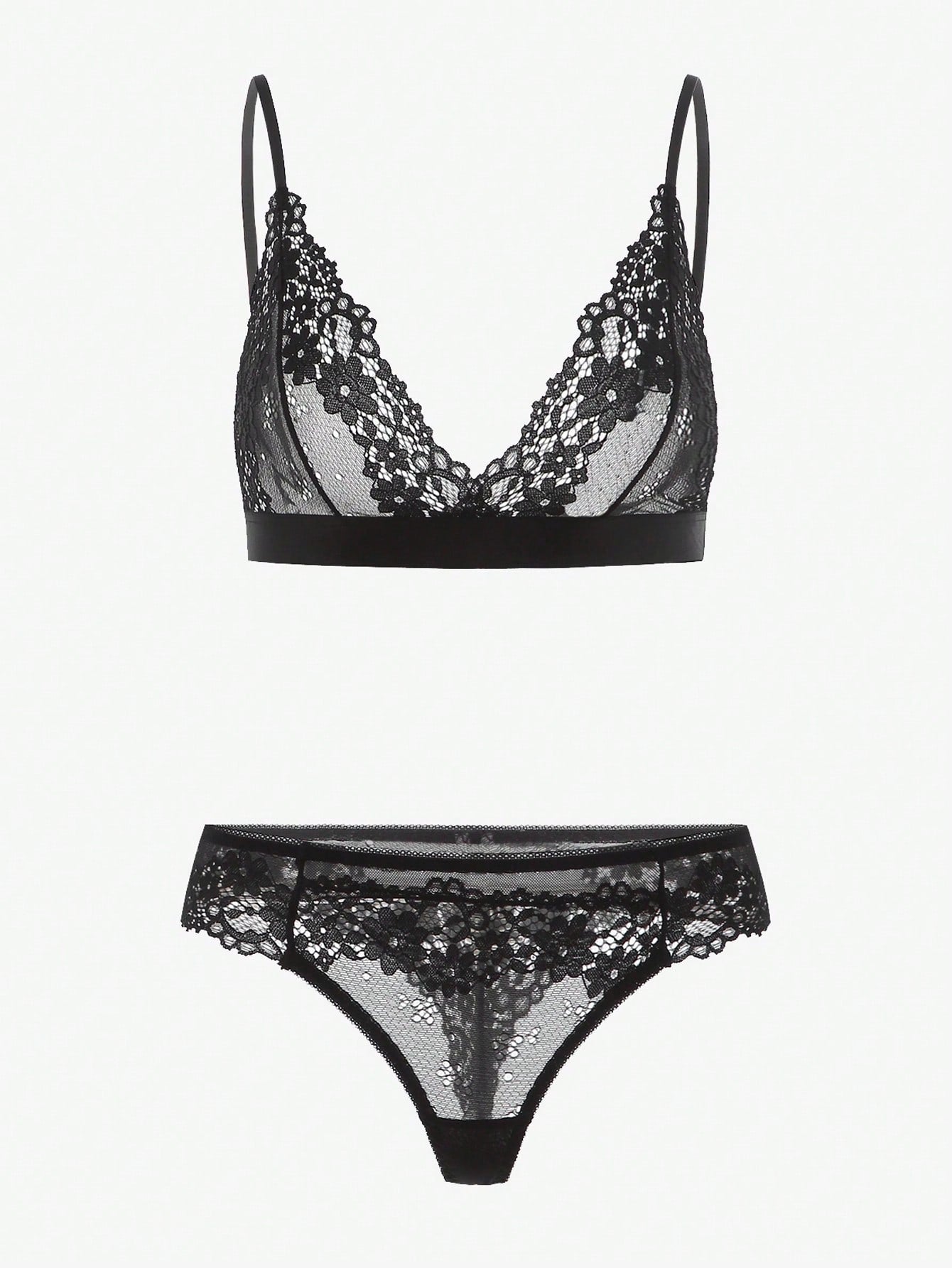 Black floral lace lingerie set featuring a wireless bralette with adjustable straps, sheer contrast lace, cut-out details, and a matching low-rise thong.