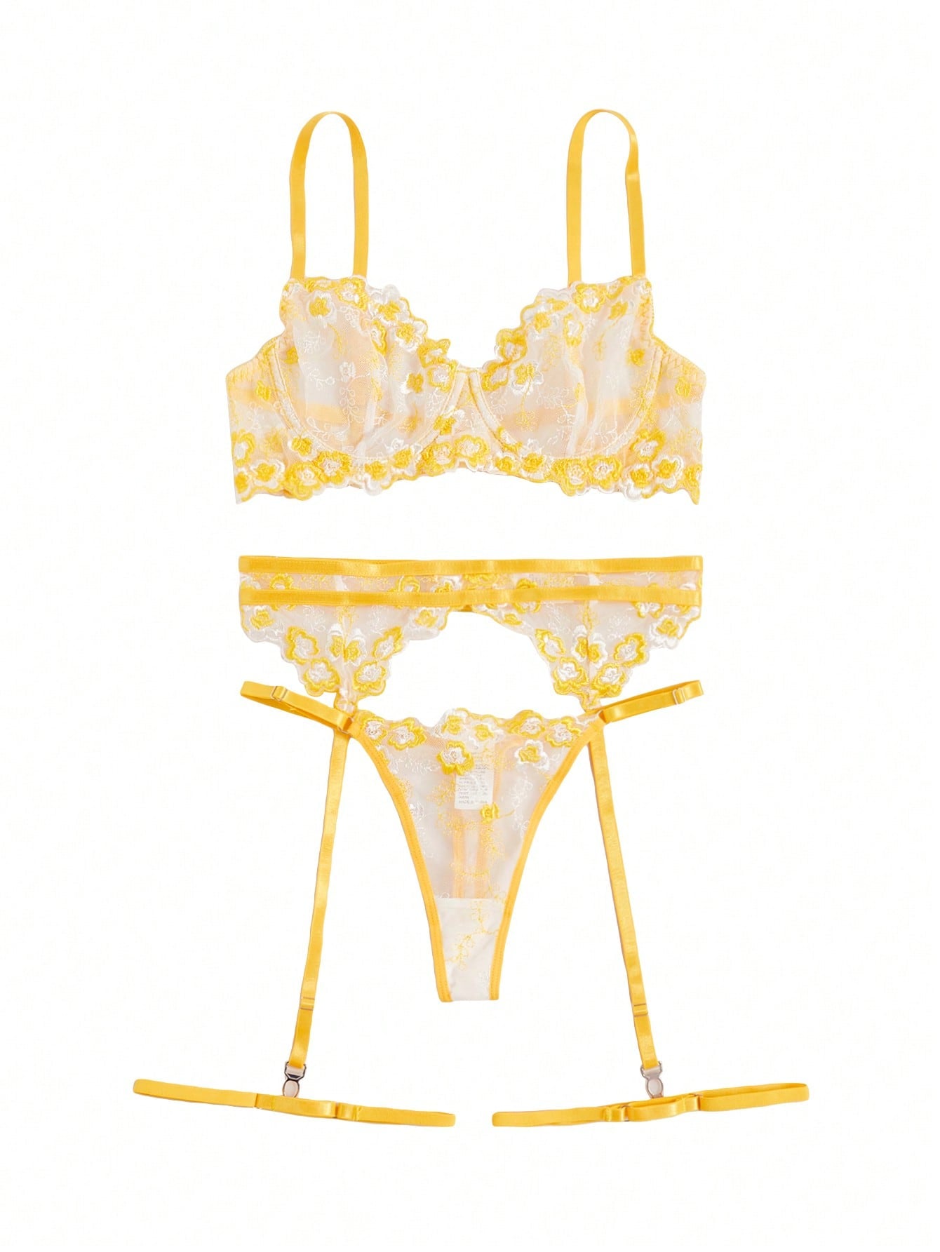 Yellow 5-piece floral embroidered semi-sheer mesh lingerie set with underwire bra, adjustable spaghetti straps, thong panties, and garter details.