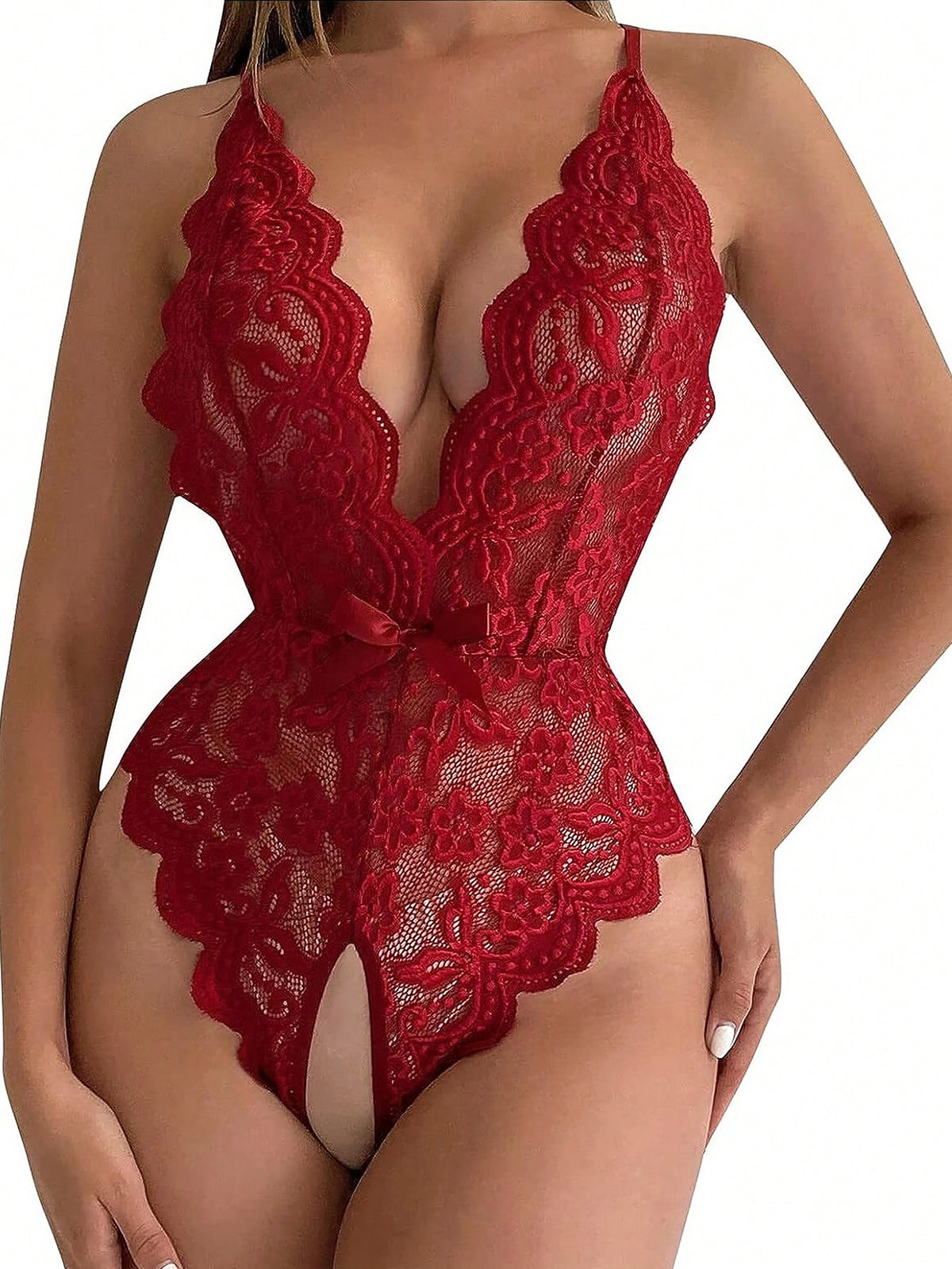 1pc Sexy Halter Neck Lace Bodysuit With Backless Design For Rave