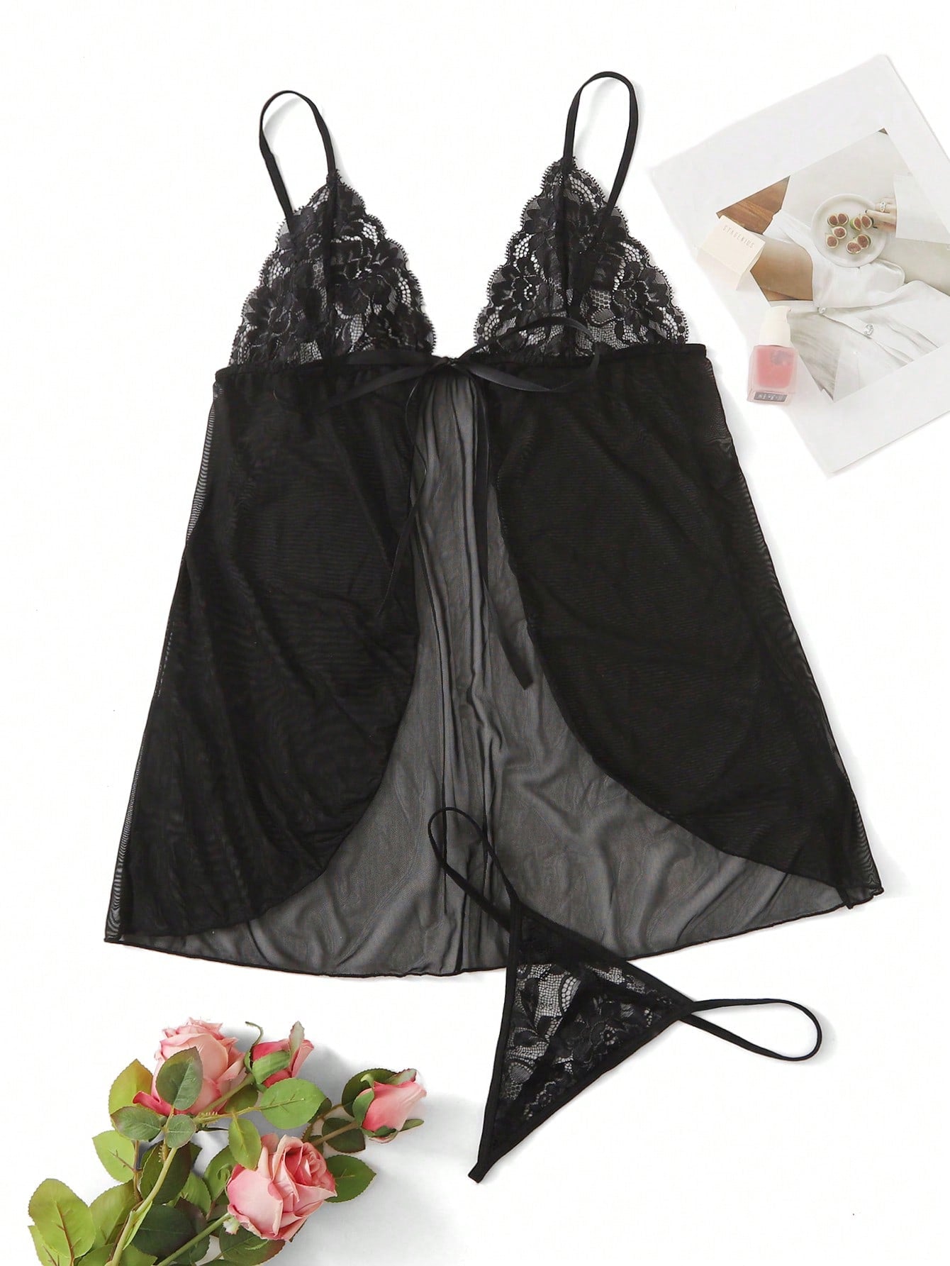 Contrast lace mesh tie-front babydoll lingerie dress with adjustable spaghetti straps, triangle cup bralette styling, and a matching low-rise thong in a 2-piece set.