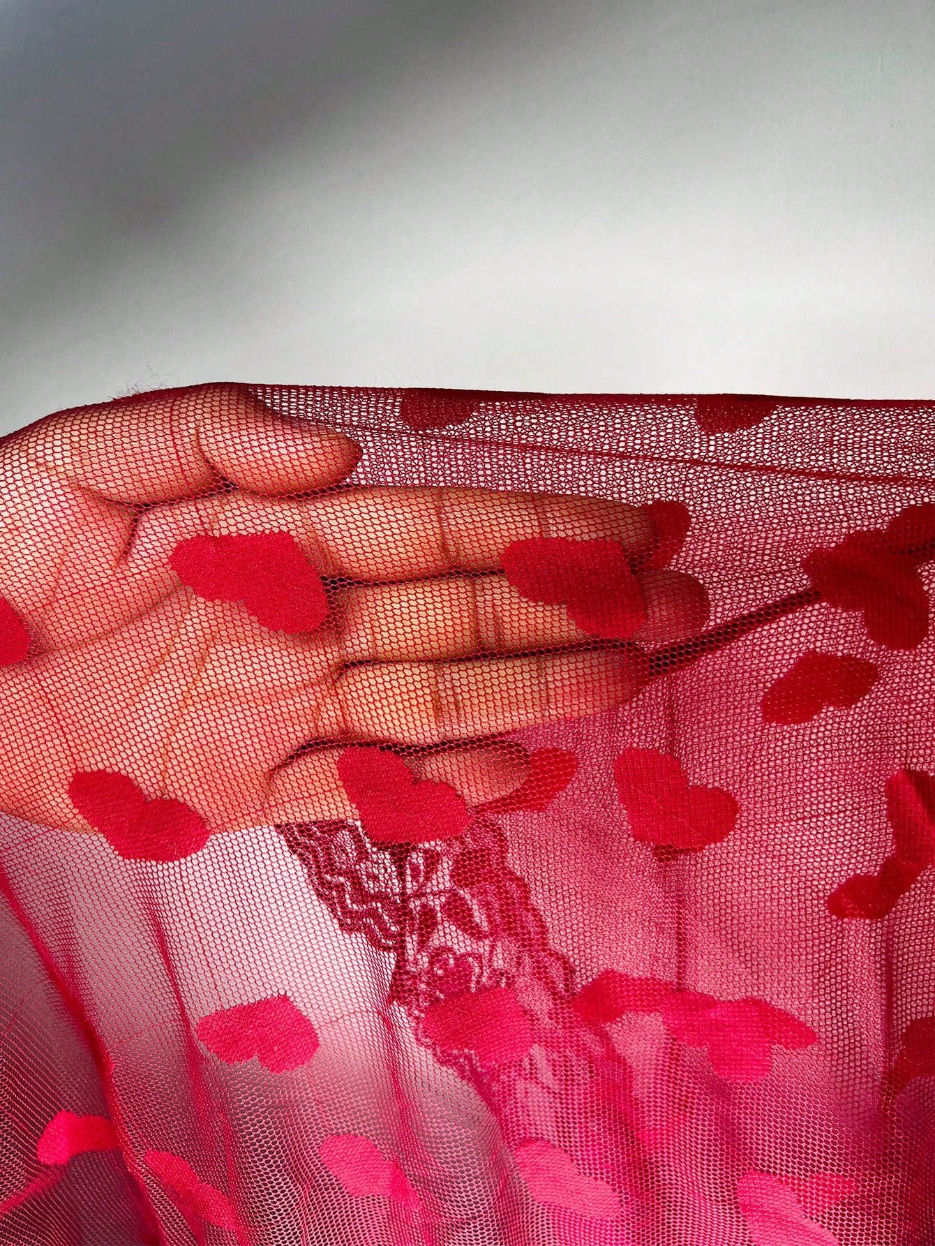 Red heart print mesh cami nightgown with spaghetti straps, contrast lace trim, sheer design, and midi length.