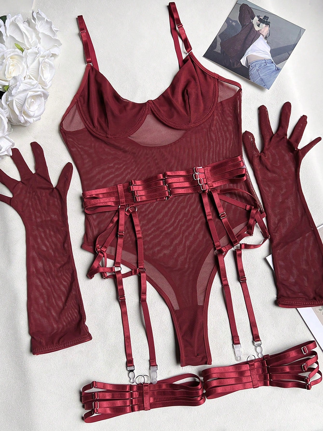 Burgundy sheer plain 4-piece sexy lingerie set featuring a sleeveless long bodysuit with spaghetti straps, push-up style detailing, adjustable straps, and matching low-rise thong pieces.