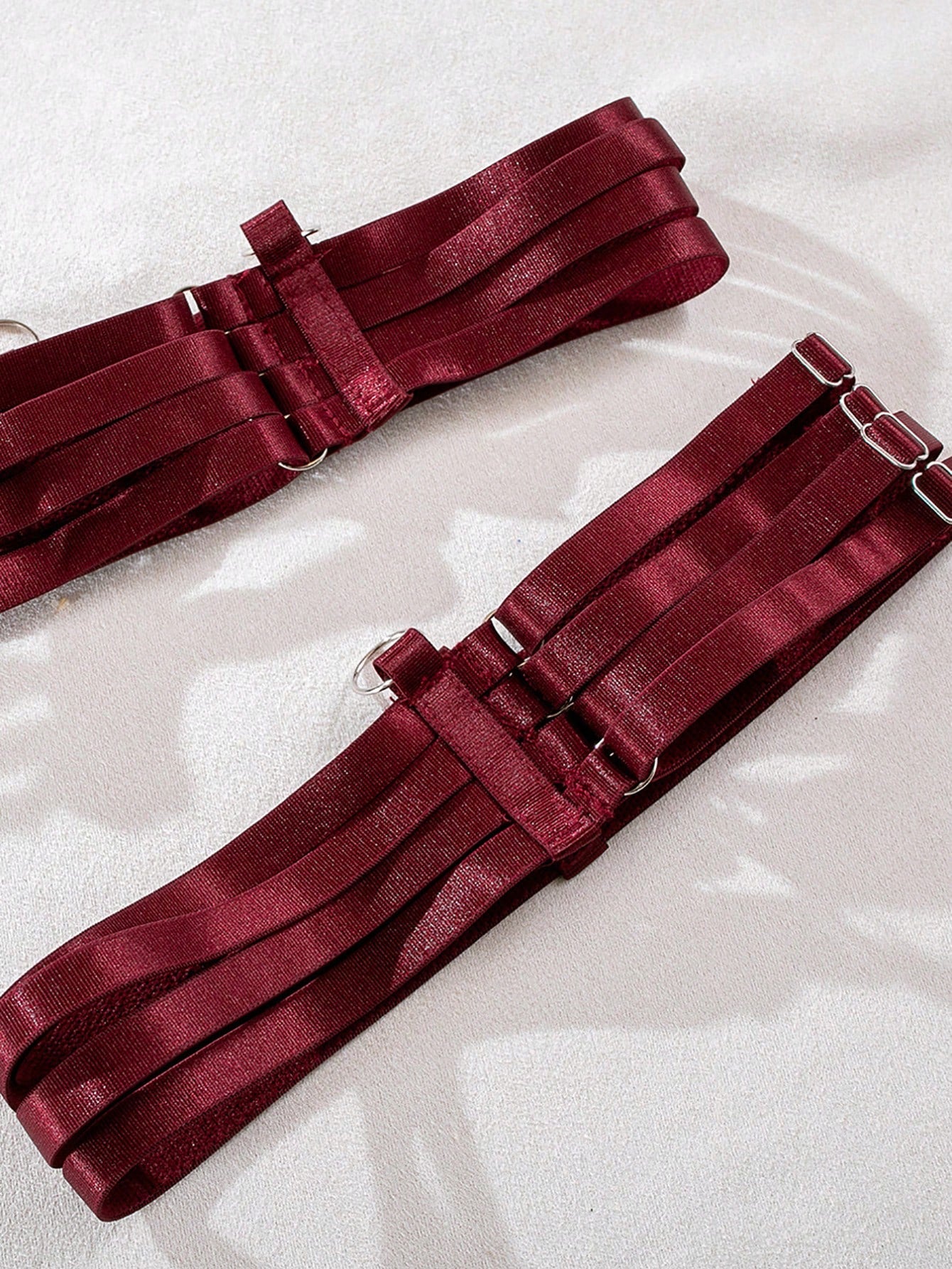 Burgundy sheer plain 4-piece sexy lingerie set featuring a sleeveless long bodysuit with spaghetti straps, push-up style detailing, adjustable straps, and matching low-rise thong pieces.