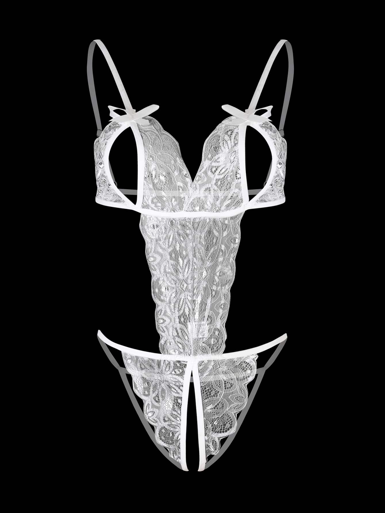 1-piece women’s lace bodysuit featuring an open crotch design, backless cut, exposed bust, underwire 1/2 cup bralette, adjustable spaghetti straps, thong back, and a body-shaping fit.
