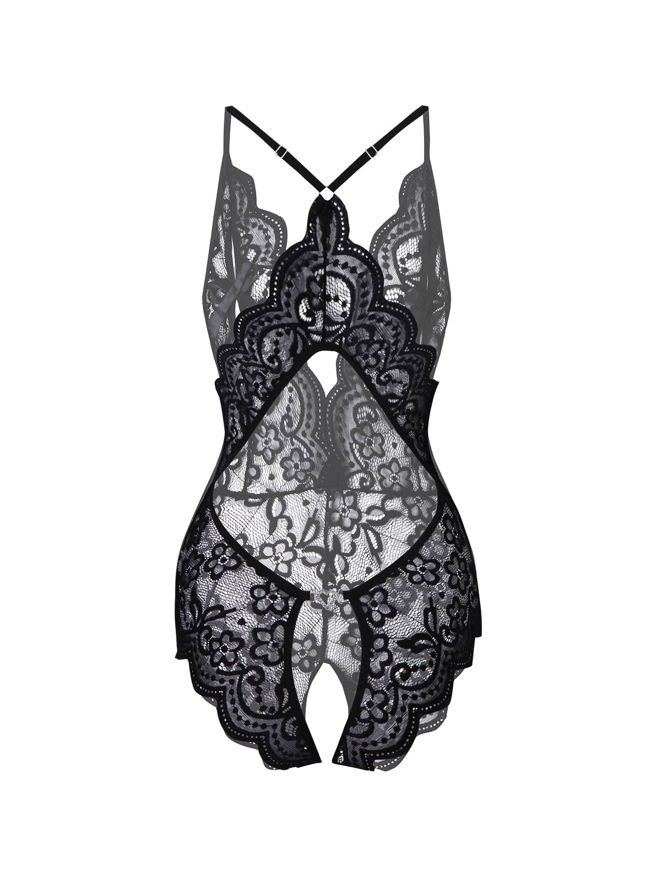 Women’s 1-piece crotchless lace teddy lingerie with a backless design, bowknot detail, open cup, scallop lace trim, spaghetti straps, and crossback straps; semi-sheer, wireless, sleeveless style.