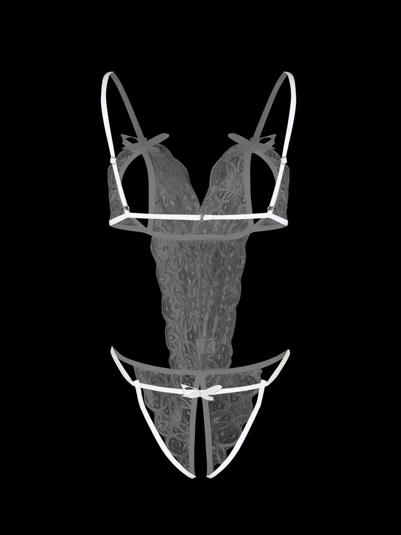 1-piece women’s lace bodysuit featuring an open crotch design, backless cut, exposed bust, underwire 1/2 cup bralette, adjustable spaghetti straps, thong back, and a body-shaping fit.