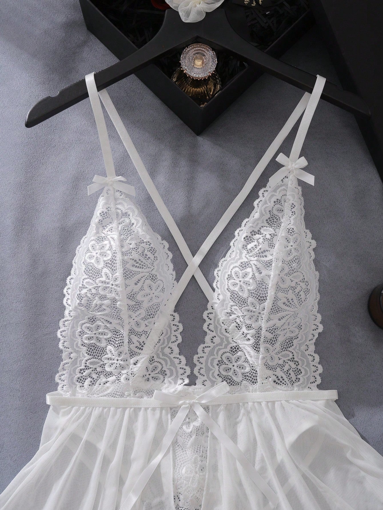 Crisscross Back Slip Dress with Lace and Mesh Detail