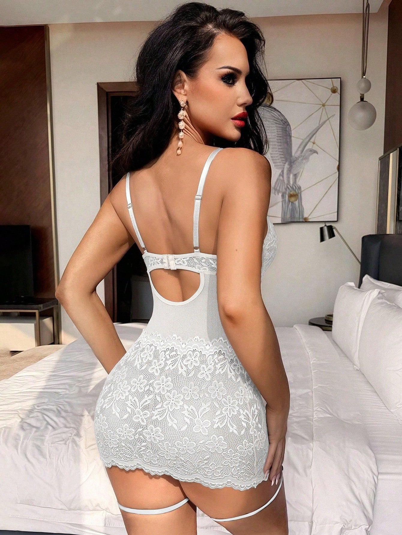 4-Piece Lace Patchwork Nightwear Set with G-String and Leg Rings