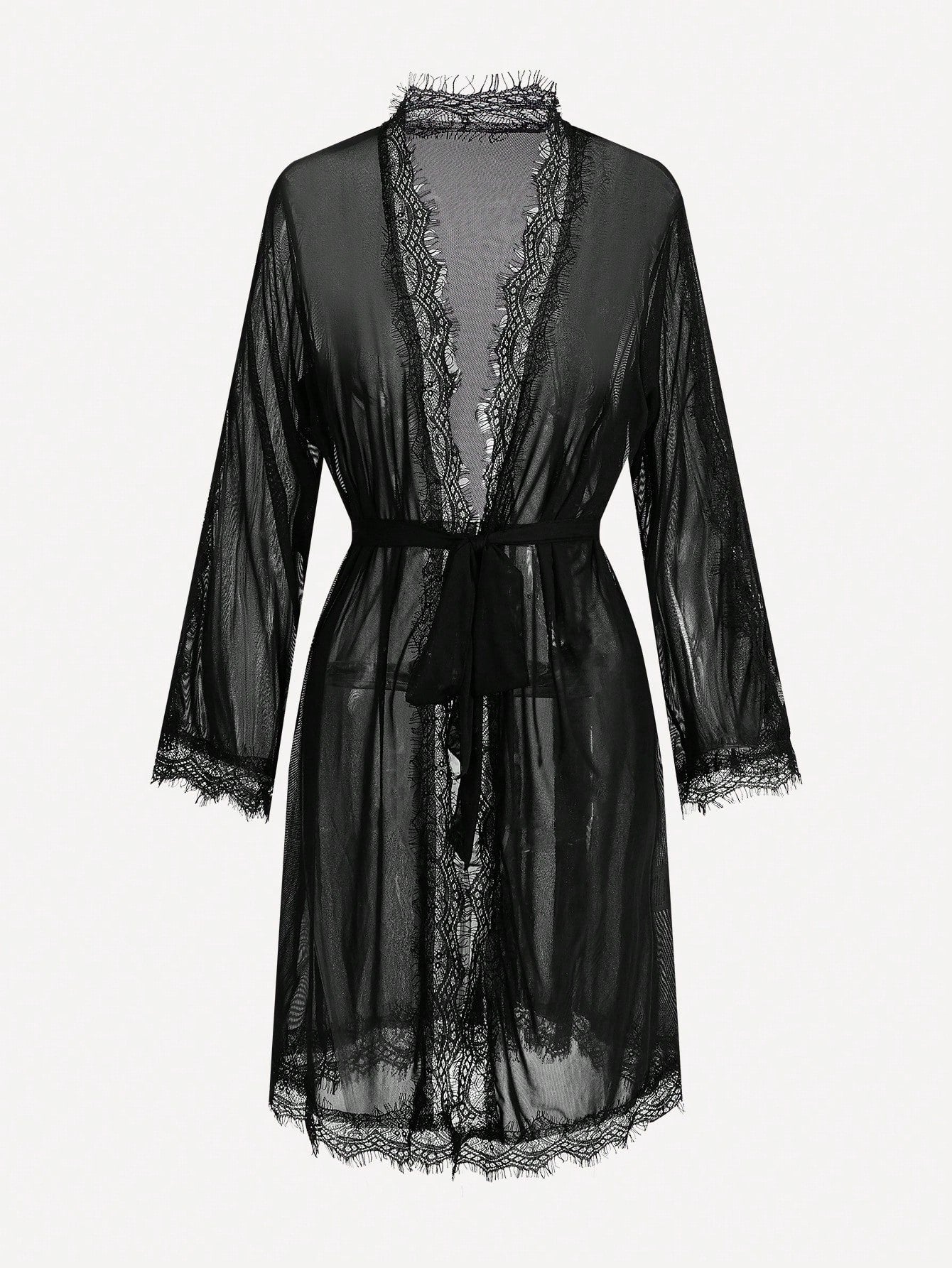 Sheer mesh robe lingerie set with contrast lace trim, scallop details, and a belted waist, paired with matching low-rise hipster panty.
