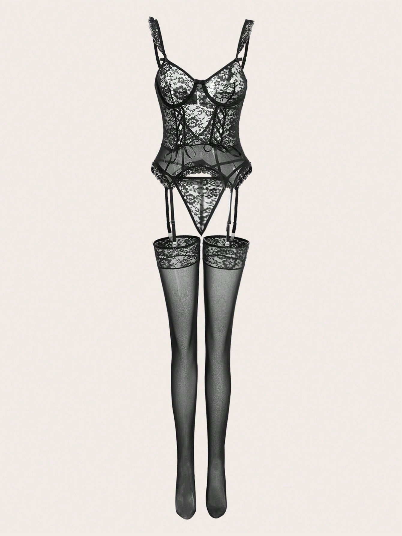 Women’s floral lace underwire garter corset lingerie set with sheer contrast lace, adjustable spaghetti straps, V-string panty, and one pair of stockings.
