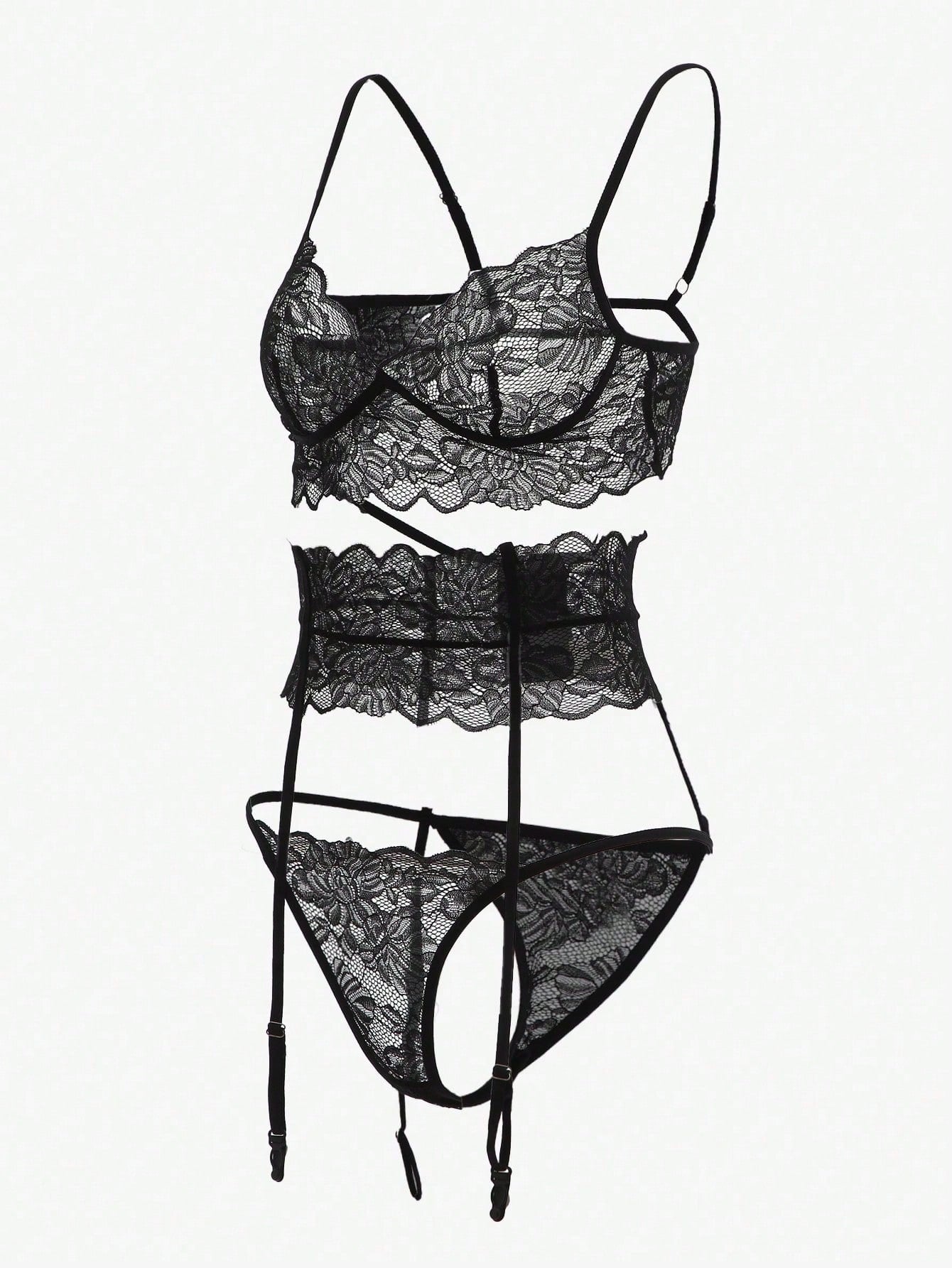 Black 3-piece floral lace garter lingerie set with sheer contrast lace, bralette top with adjustable spaghetti straps, and low-rise thong panties.