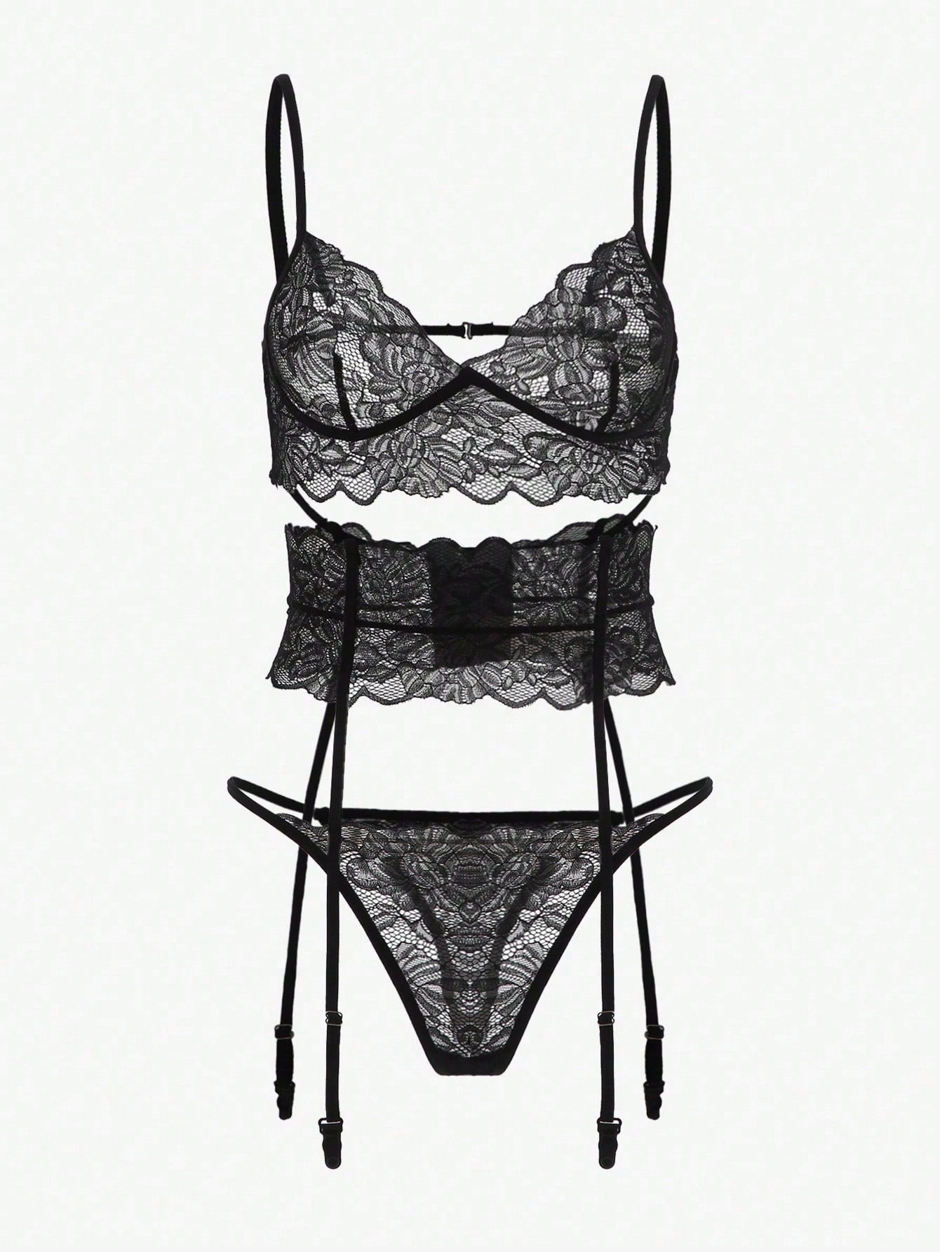 Black 3-piece floral lace garter lingerie set with sheer contrast lace, bralette top with adjustable spaghetti straps, and low-rise thong panties.