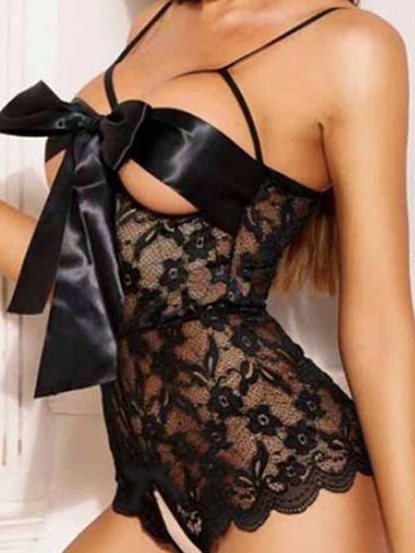 1-piece women’s sexy lingerie bodysuit with contrast lace, see-through design, cut-out details, spaghetti straps, and open crotch style.