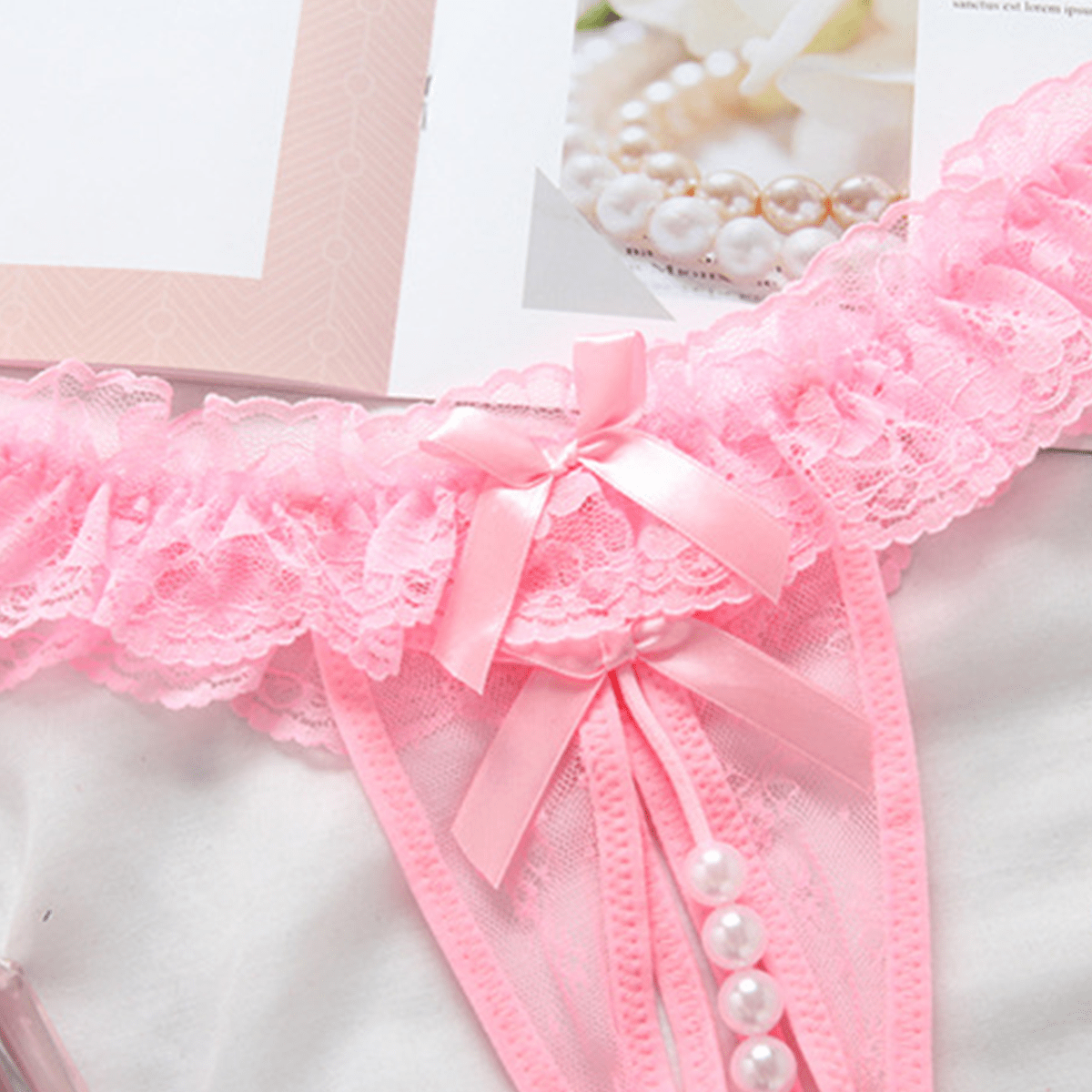 1pc Sexy Lace Crotchless Thong With Massage Pearl Detail
