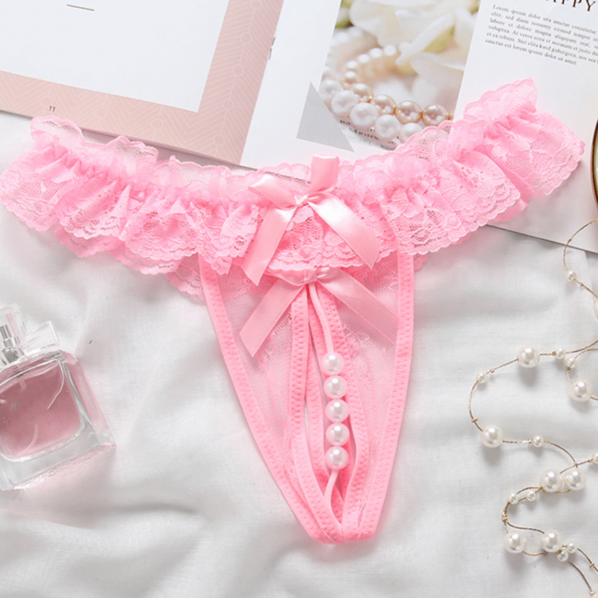 1pc Sexy Lace Crotchless Thong With Massage Pearl Detail
