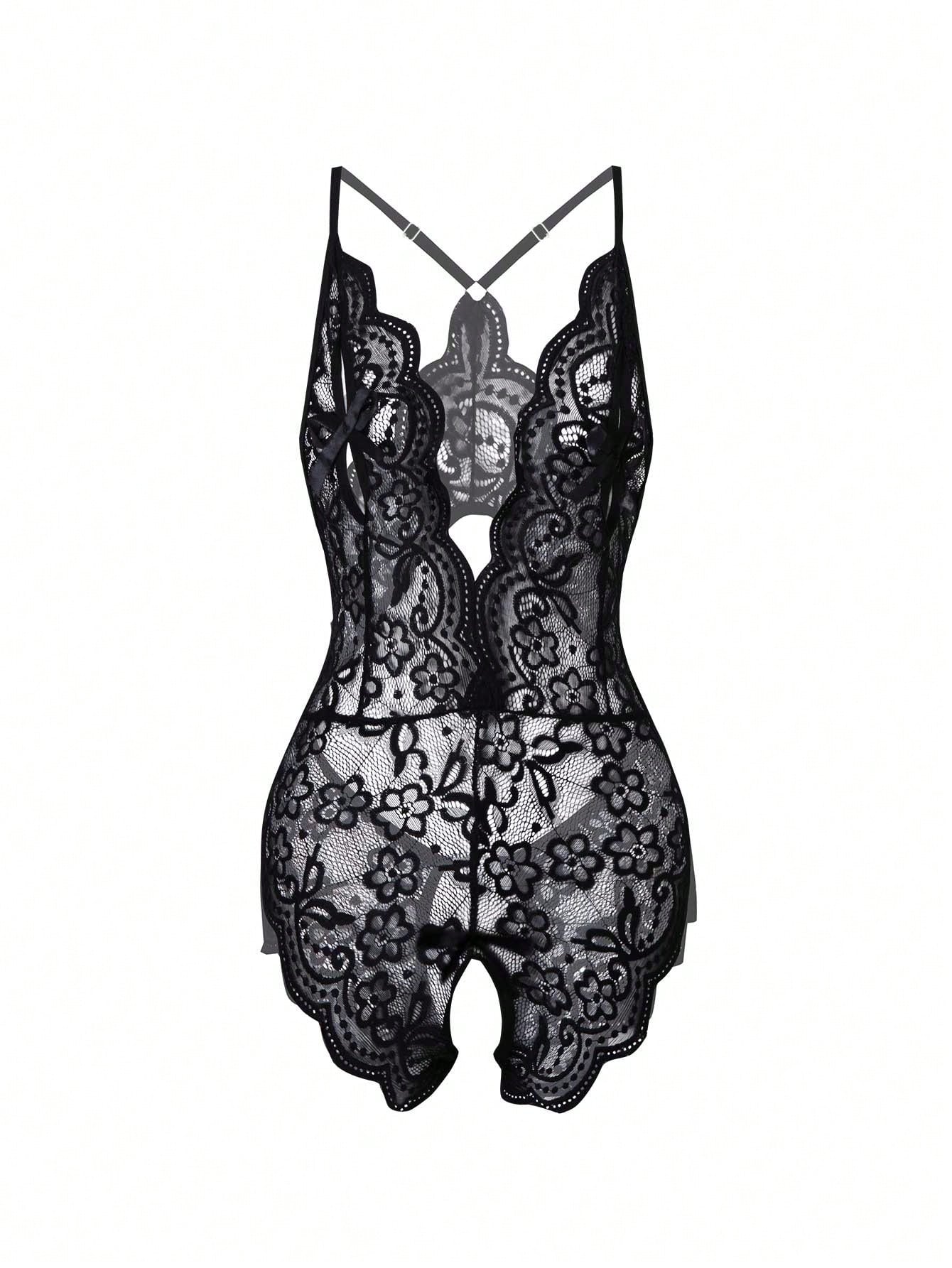Women’s 1-piece crotchless lace teddy lingerie with a backless design, bowknot detail, open cup, scallop lace trim, spaghetti straps, and crossback straps; semi-sheer, wireless, sleeveless style.