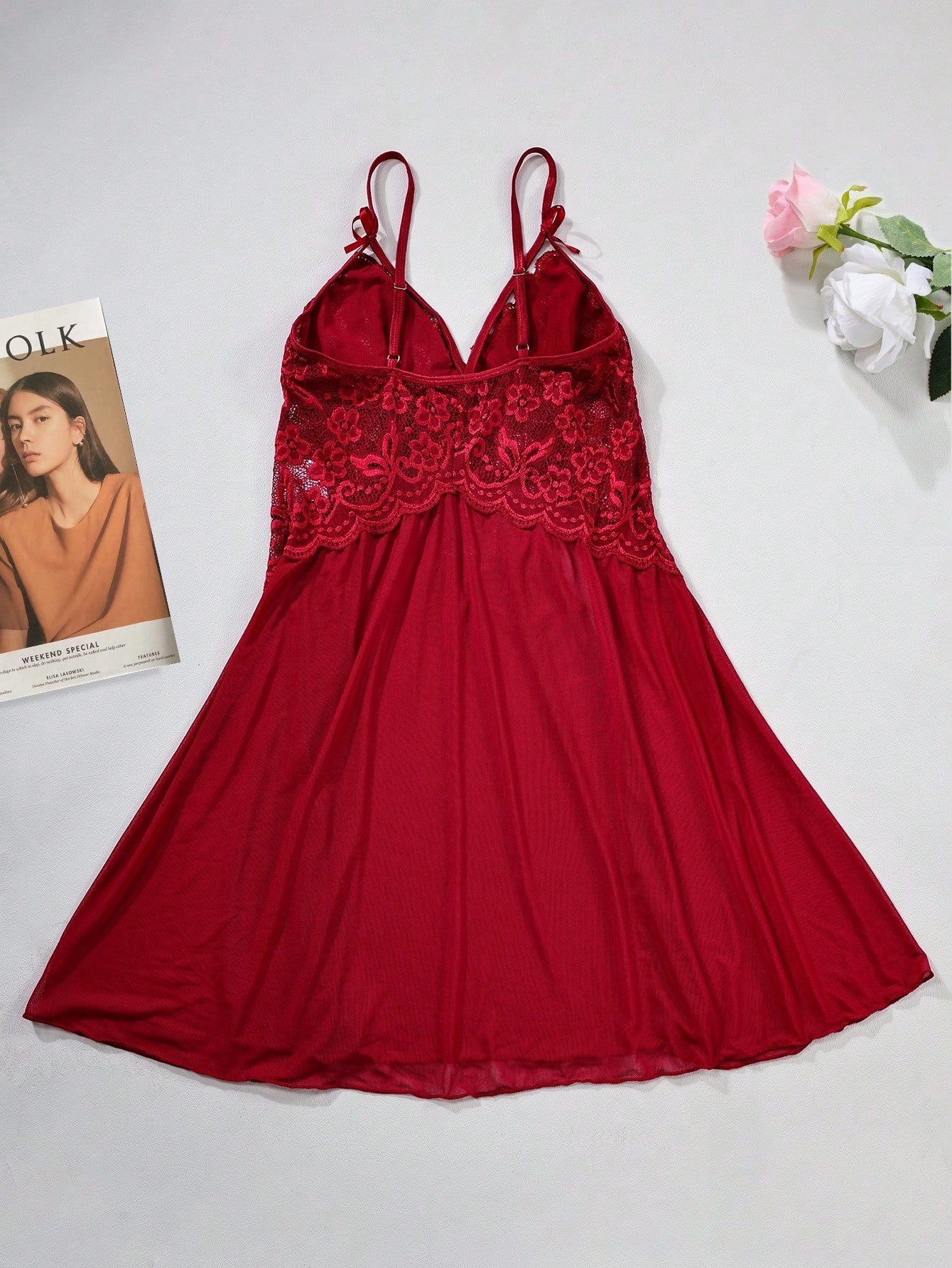 PinupPomp Contrast Lace Harness Mesh Babydoll Sexy Lingerie Dress Without Thong, For Christmas