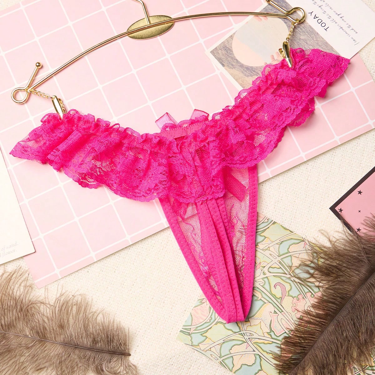 1pc Sexy Lace Crotchless Thong With Massage Pearl Detail