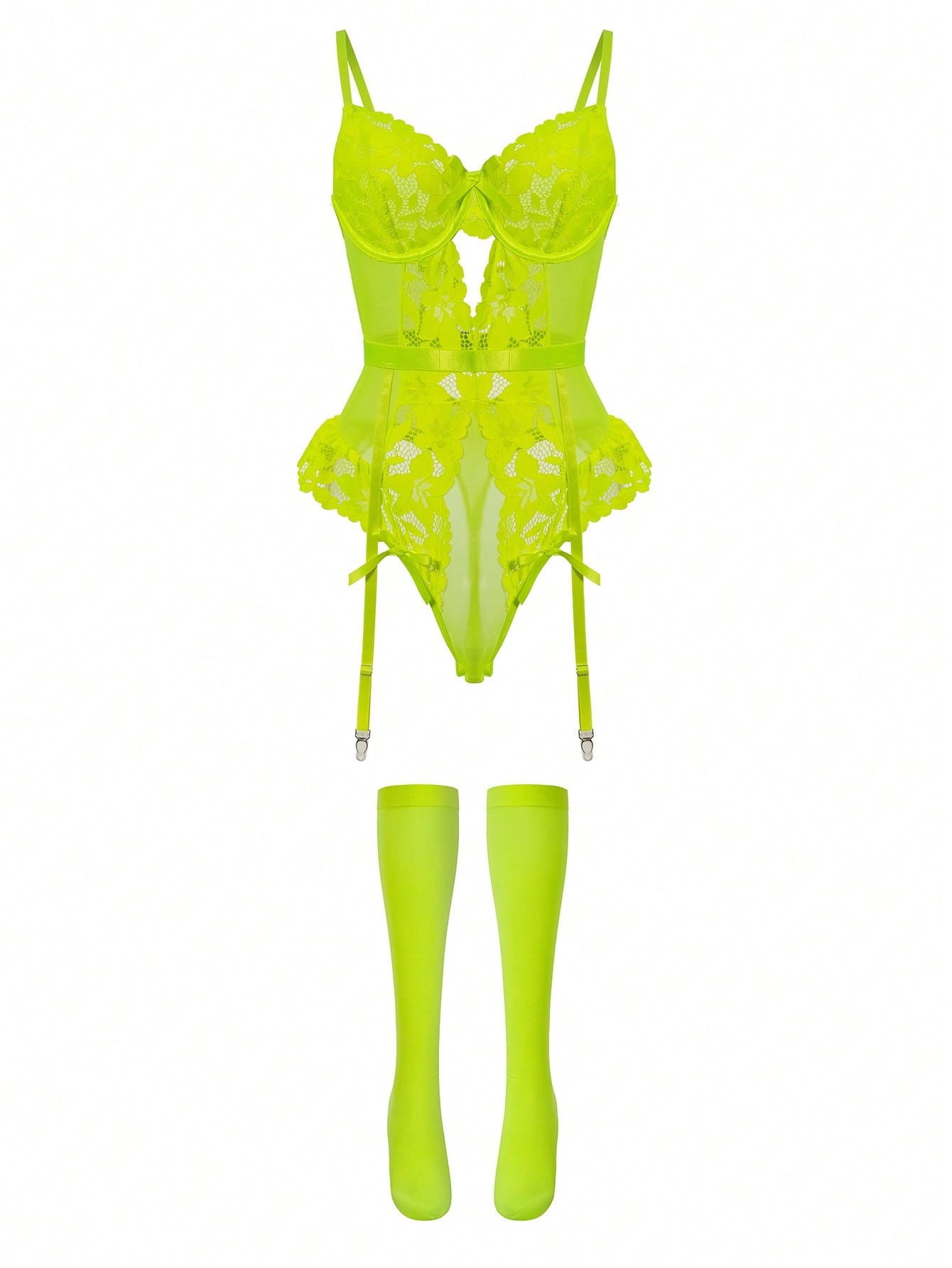 Lime green floral lace underwire corset teddy bodysuit lingerie set with adjustable spaghetti straps, cut-out detail, and one pair of matching stockings.