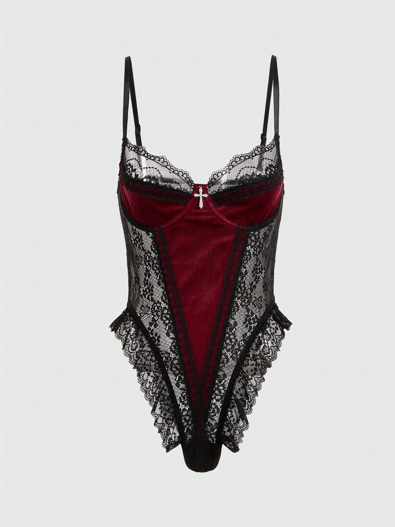 Women's Sexy Gothic Bodysuit With Cross Accessory, Velvet & Lace Material, Boned Lingerie Bodysuit