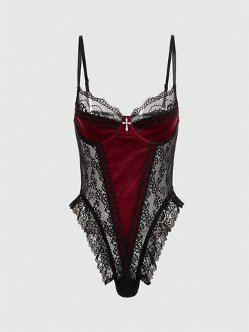 Women's Sexy Gothic Bodysuit With Cross Accessory, Velvet & Lace Material, Boned Lingerie Bodysuit