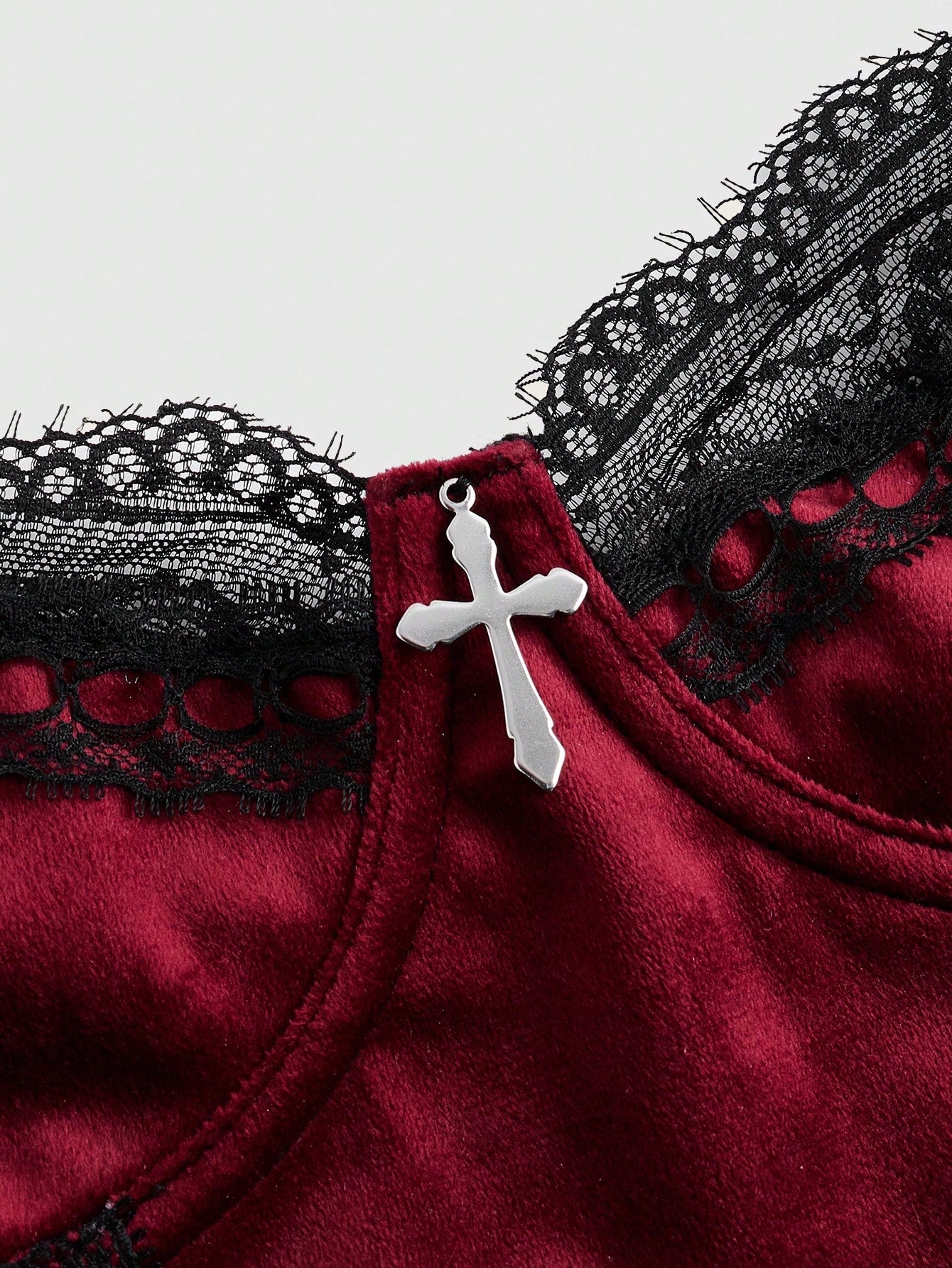 Women's Sexy Gothic Bodysuit With Cross Accessory, Velvet & Lace Material, Boned Lingerie Bodysuit