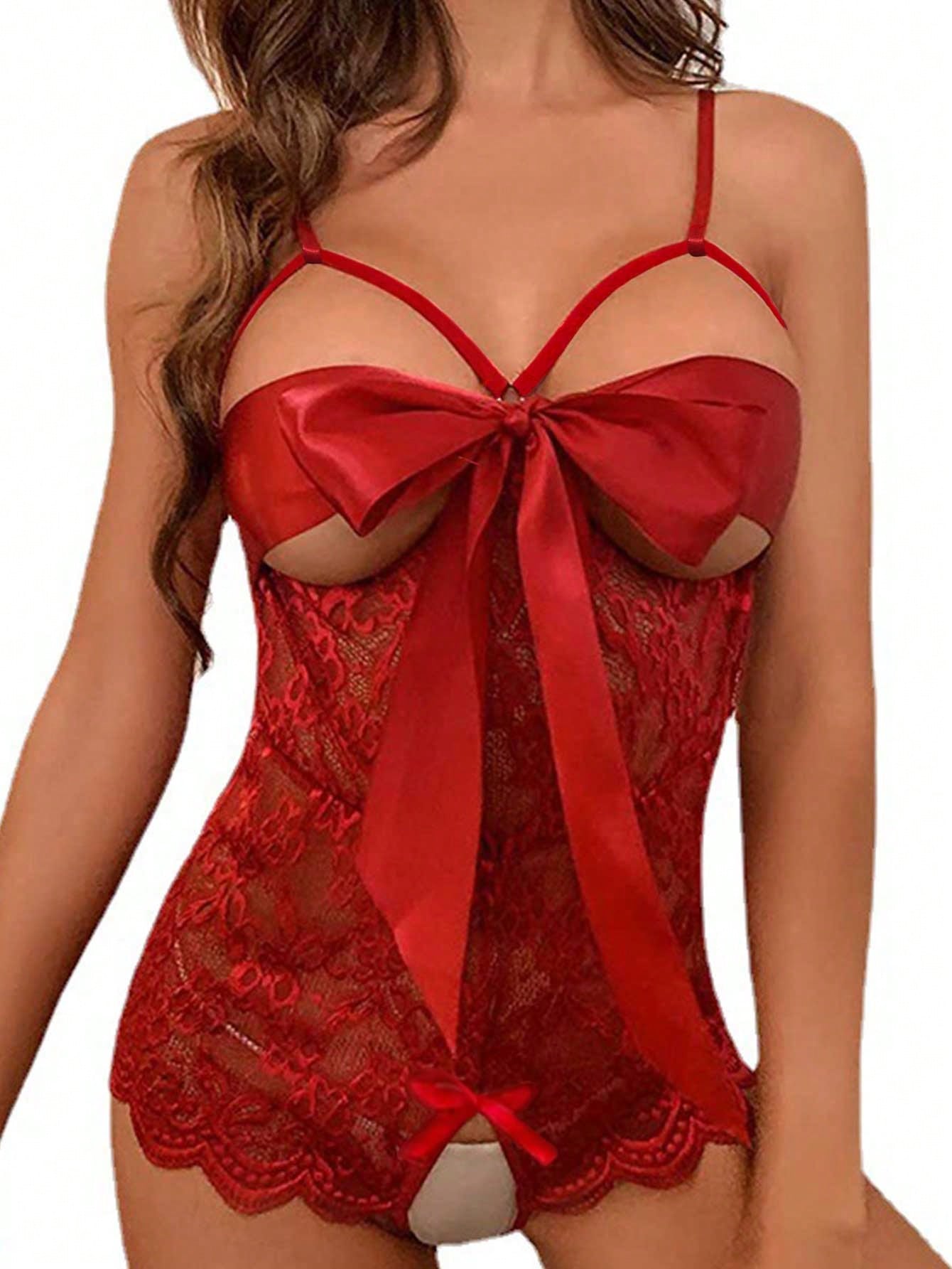 1-piece women’s sexy lingerie bodysuit with contrast lace, see-through design, cut-out details, spaghetti straps, and open crotch style.