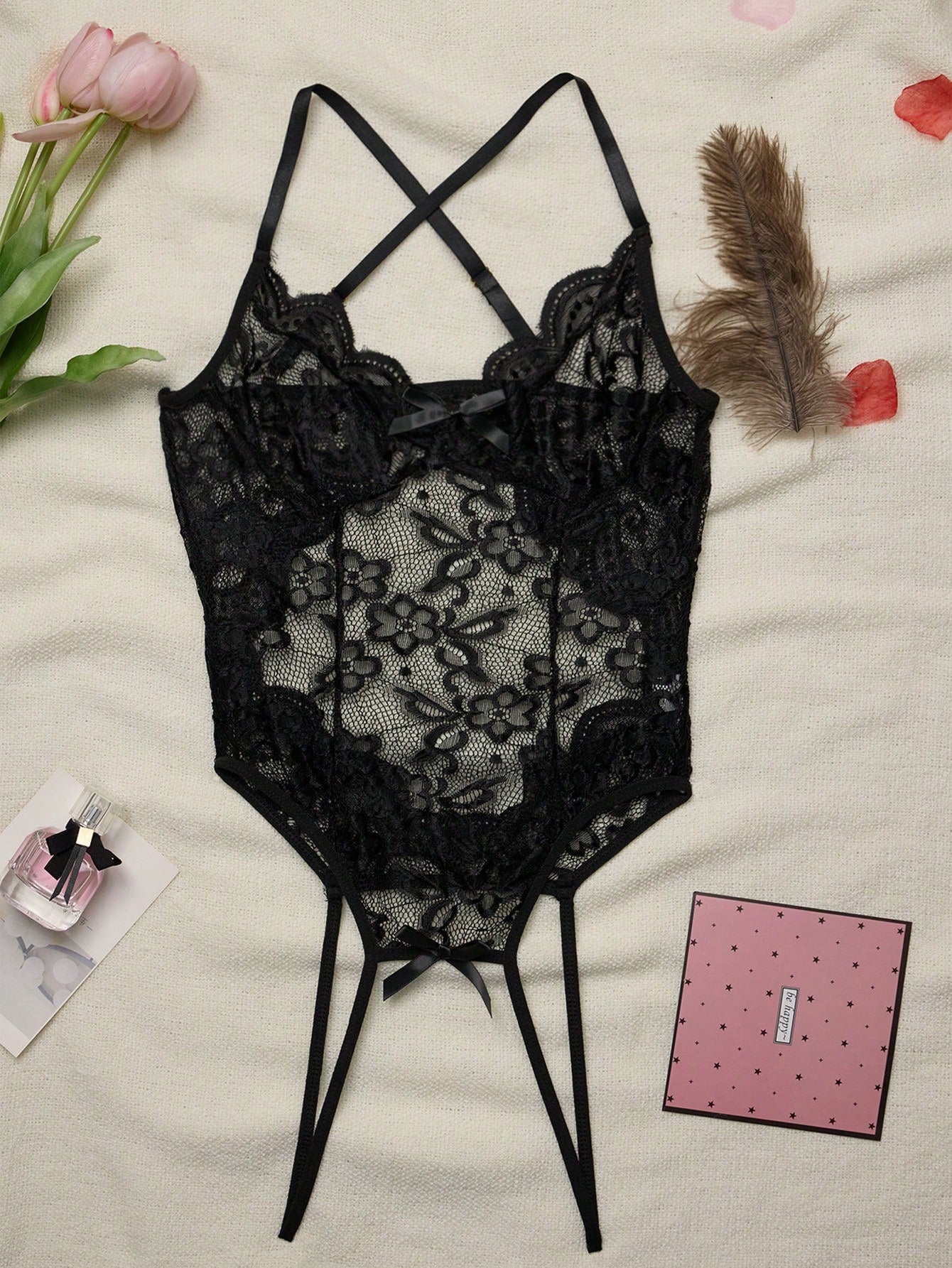 1-piece women’s tight-fitting sheer lace bodysuit lingerie with contrast lace, V-neck, adjustable straps, underwire half-cup bralette design, high-rise thong cut, and open crotch detail.
