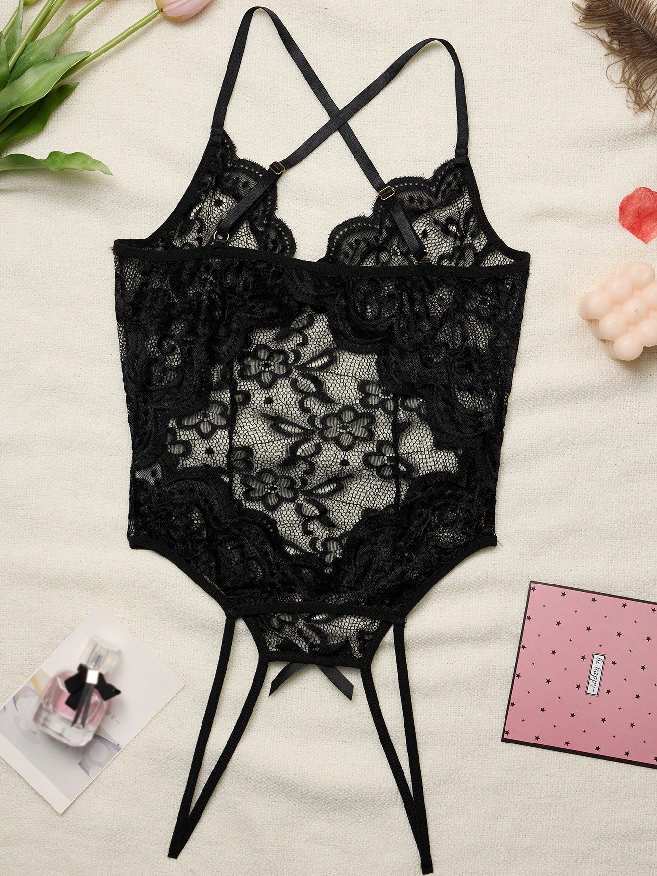 1-piece women’s tight-fitting sheer lace bodysuit lingerie with contrast lace, V-neck, adjustable straps, underwire half-cup bralette design, high-rise thong cut, and open crotch detail.