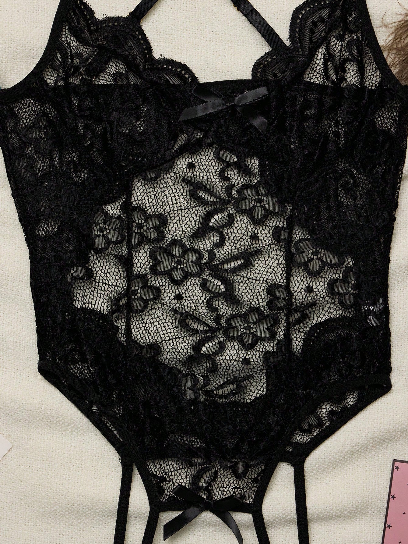 1-piece women’s tight-fitting sheer lace bodysuit lingerie with contrast lace, V-neck, adjustable straps, underwire half-cup bralette design, high-rise thong cut, and open crotch detail.