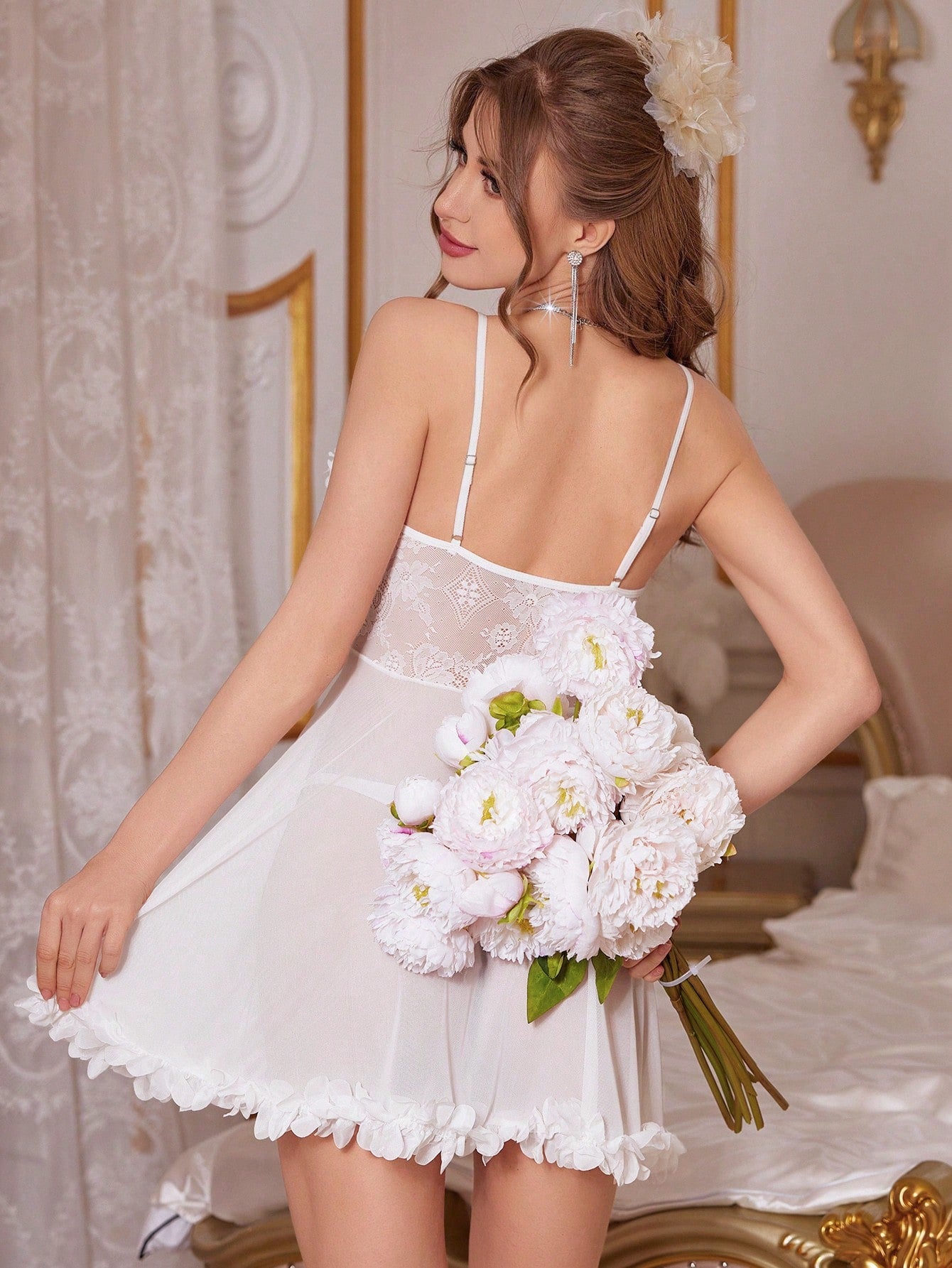Slumberist Women's Solid Color 3D Flower Design Lace See-Through Camisole Pajama Sleepwear Dress