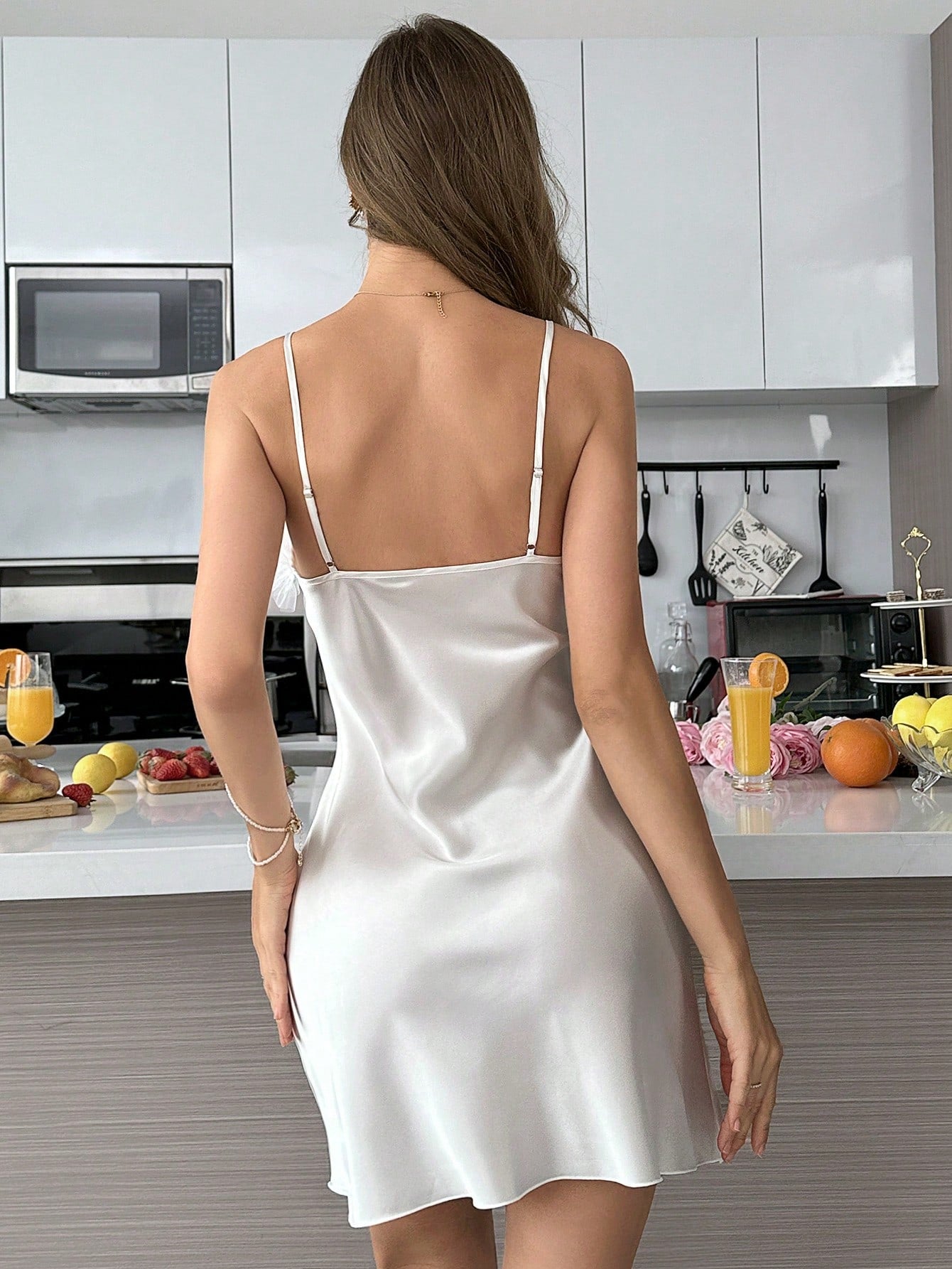 Women's Simple Casual Pleated Ruffle Trim Spaghetti Strap Nightgown Babydoll Luxeloungewear