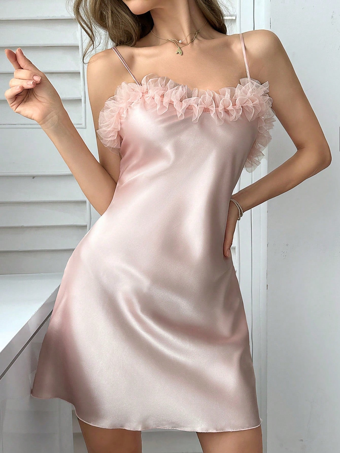 Women's Simple Casual Pleated Ruffle Trim Spaghetti Strap Nightgown Babydoll Luxeloungewear