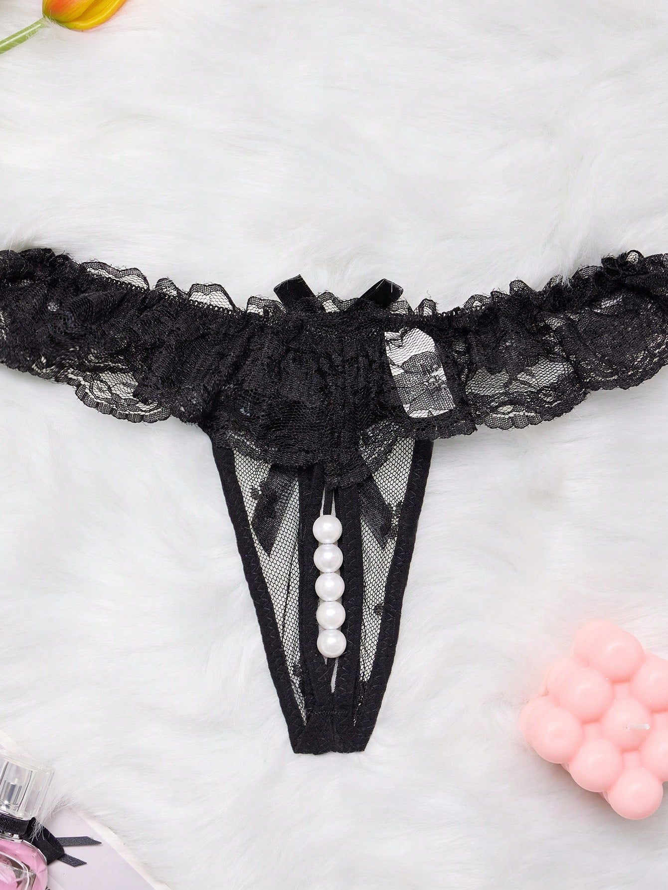 1pc Sexy Lace Crotchless Thong With Massage Pearl Detail