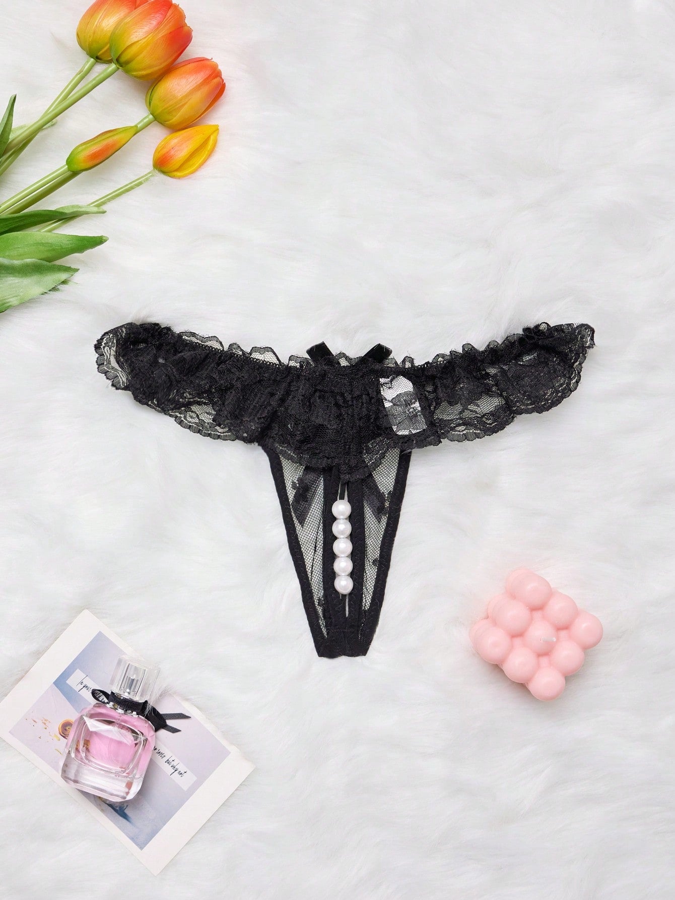 1pc Sexy Lace Crotchless Thong With Massage Pearl Detail